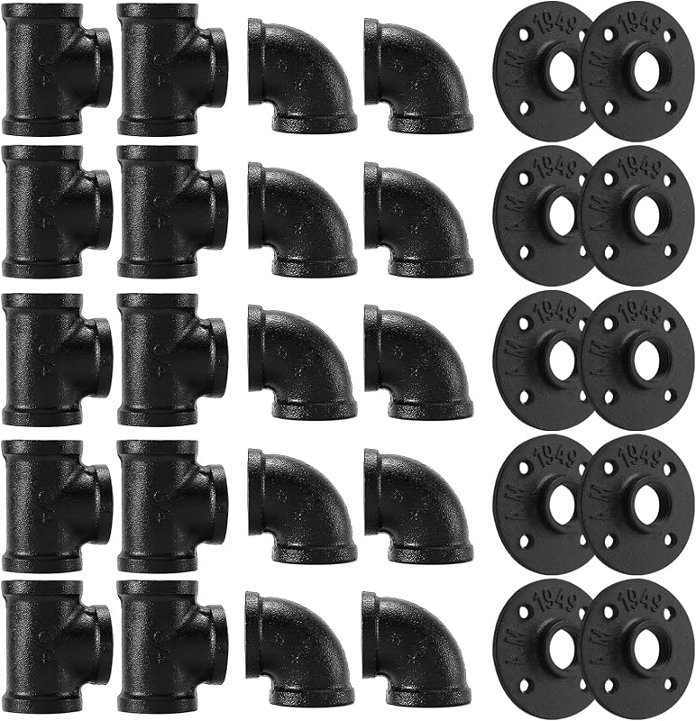 3/4"Black Pipe Fitting, Home TZH 30 Pack Floor Flange/Elbow/Tee Combo for Industrial vintage style, Flanges/Elbow/Tee with Threaded Hole for DIY Project/Furniture/Shelving(30, Black 3/4")