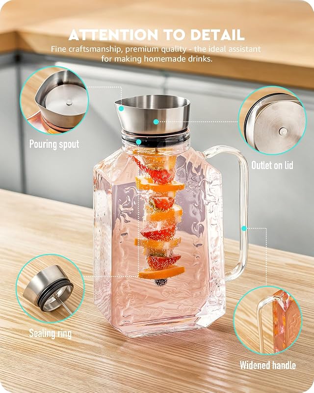 Baffect Üveg Kancsó Fedéllel és Gyümölcstartóval - 1,75 L Hőálló Boroszilikát Vizes Kancsó Szangriához, Limonádéhoz, Hideg-Meleg Italokhoz