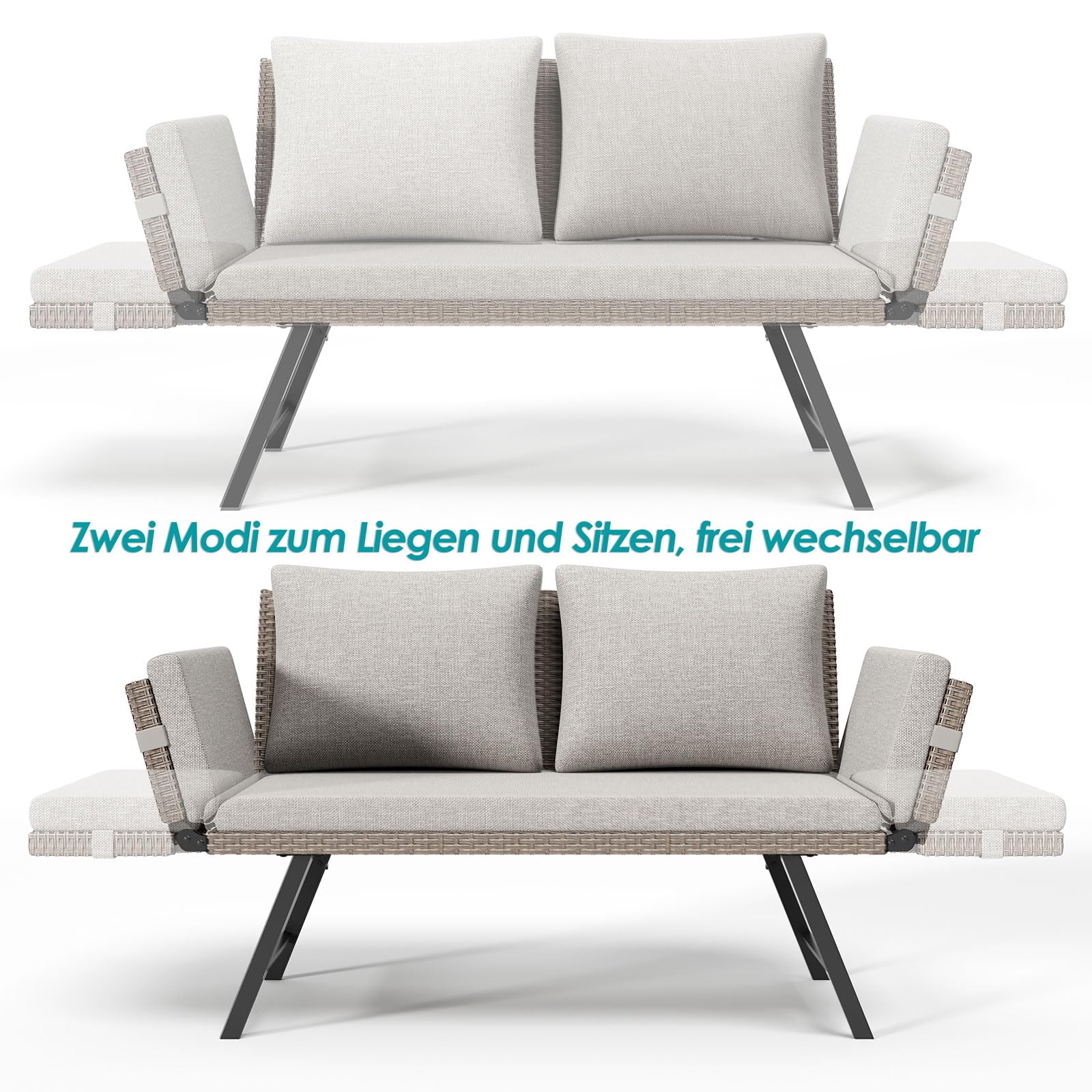 Balkonbank mit Liegefunktion,Liege Bank rattan 4-in-1 Gartenbank mit klappbaren Armlehnen,176cm Balkonsofa mit Kissen,abnehmbaren Sitzpolstern, Outdoor Lounge Sofa für Garten,Terrasse Balkon (Hell)
