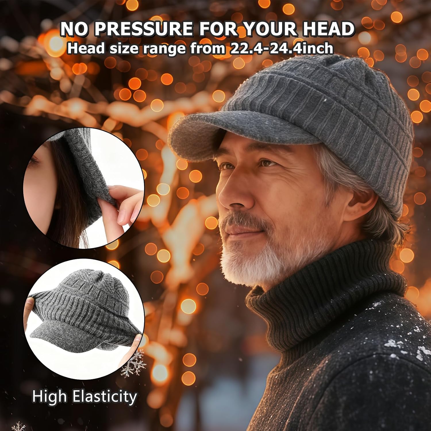 Winter Hat with Visor Warm Double Woolen Ribbed Knit Cuff Beanie Cap with Brim for Cold Weather, L/XL