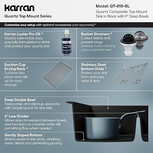 Miniatura 4 de QT-810 - Fregadero de cocina de doble cuenco compuesto de cuarzo negro de 33 pulgadas, divisor bajo 5050, 80% cuarzo natural, resistente al calor de