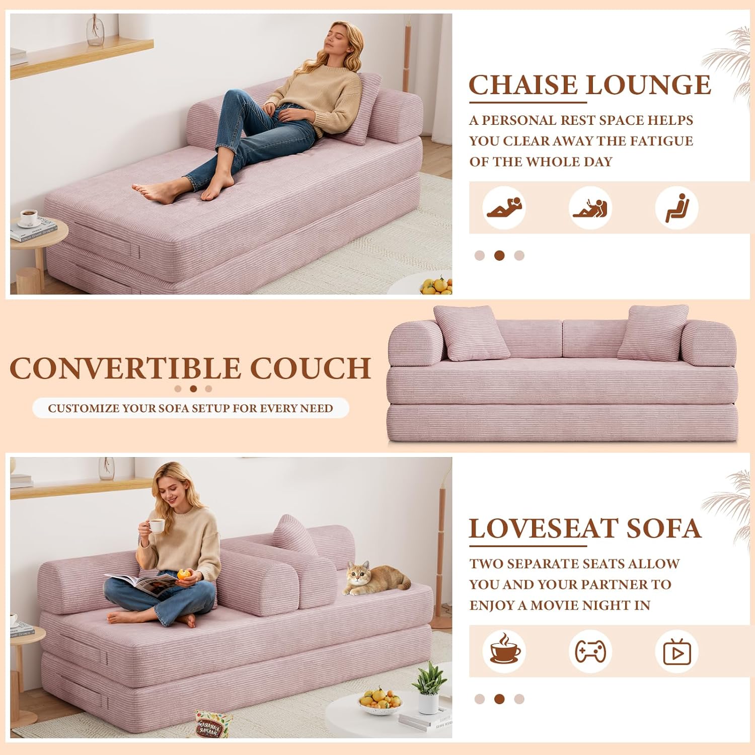 77" Convertible Sofa Bed, Modular Folding Futon Corduroy Floor Foam Compressed Loveseat Sleeper Sofa Couch, Pull Out Queen Size Couch Bed with 2 Pillows for Living Room Guest Room Studio, Pink