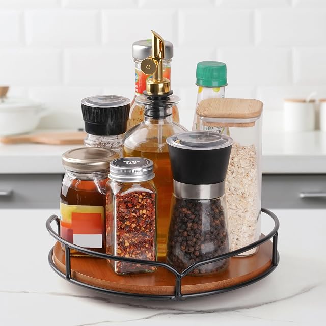 Winter Shore Lazy Susan Turntable Organiser 23cm/9 Spinning Organiser for Spices, Accessories with Built-In Handles & Anti-Slip Base - Easy to Clean Bamboo & Iron Pantry & Cabinet Organisation