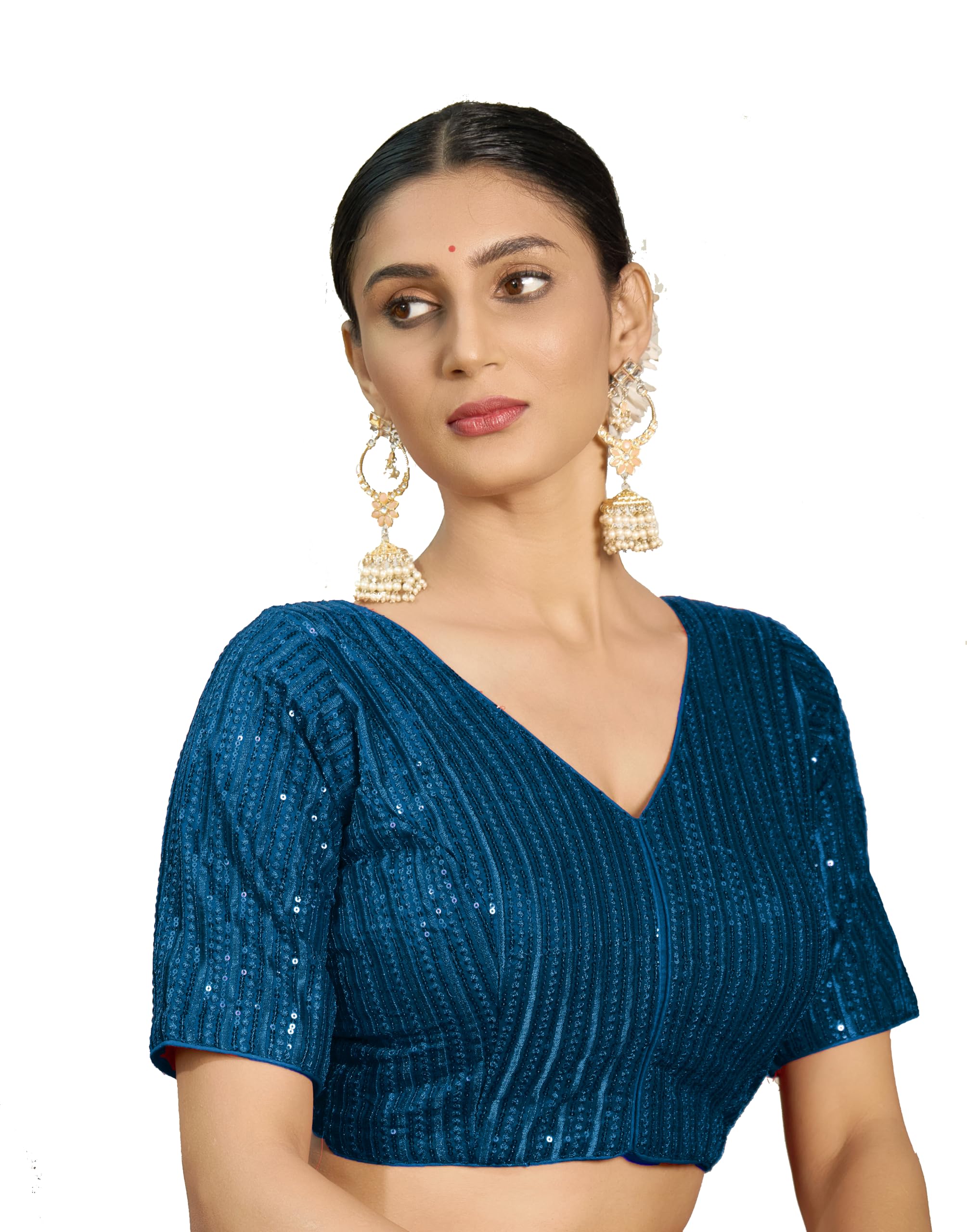 Pujia Mills Women's Indian Ethnic Wear Designer Silver Sequence With Matching Embroidered Work V Neck Half Sleeve Readymade Padded Saree Blouse Readymade Unique Morpeach Color Saree Blouse