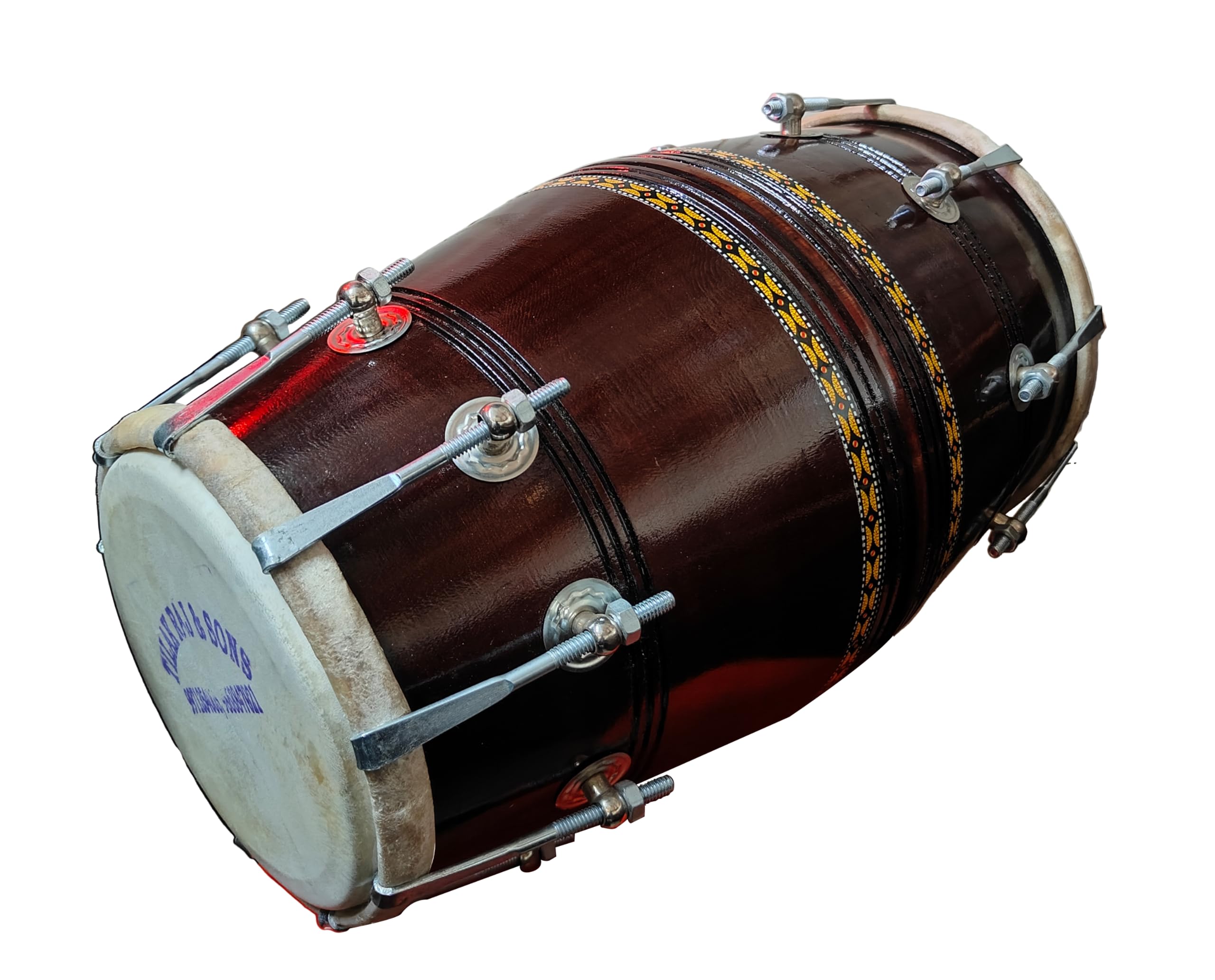 Tilak Raj And Sons-17 Inch Size Mango Wooden Dholak Indian Folk Musical Instrument With Cover and Tuning Key (Brown Color) - Image 2 thumbnail