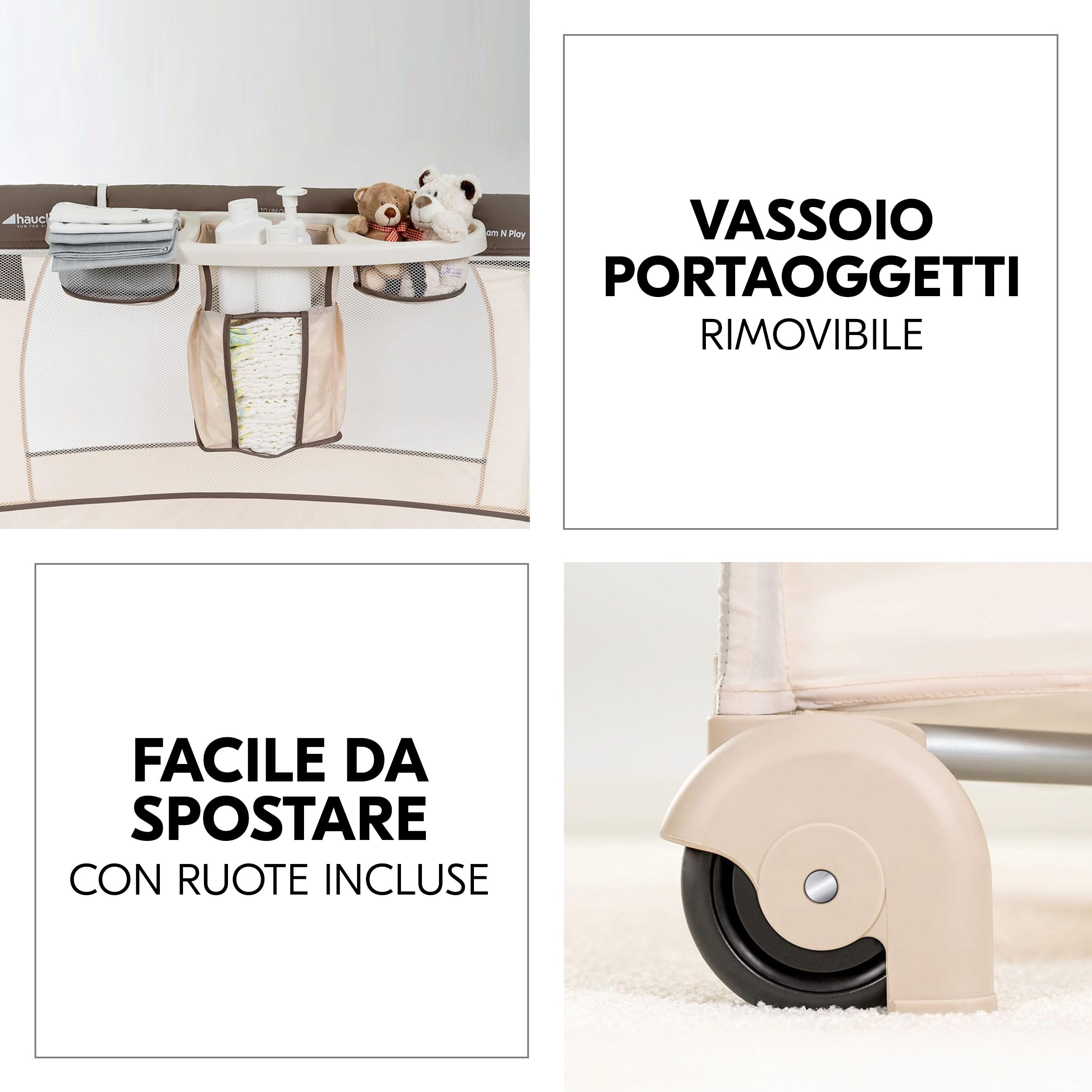 hauck Lettino Campeggio BabyCenter Zoo - Culla Campeggio con 2° Livello, Arco Giochi e Ruote - Culla da Viaggio con Borsa, Fasciatoio e Organizer - Beige