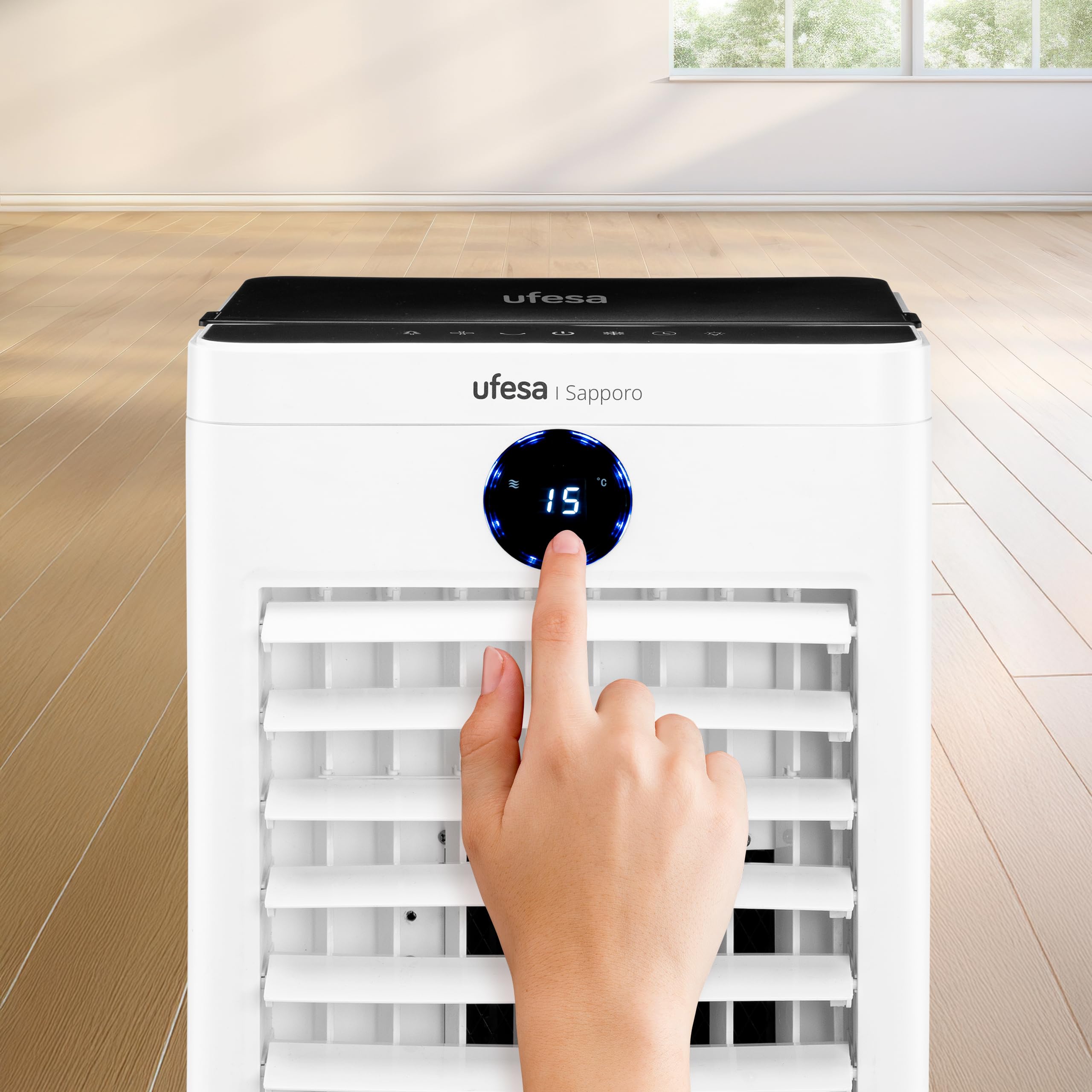 Ufesa Sapporo Climatizador Evaporativo, 100W, Función Fría y Ventilador, 3 Velocidades, 3 Modos, Panel Táctil, Depósito 12L, Temporizador 12h, Filtro Lavable, 2 Bloques de Hielo, Mando a Distancia