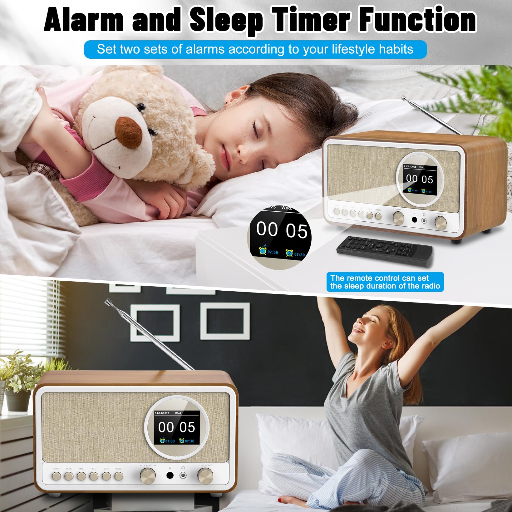 Radio DAB+/FM con Bluetooth, Radio Digital de Cocina, Radio Despertador con Mando a Distancia, Negro