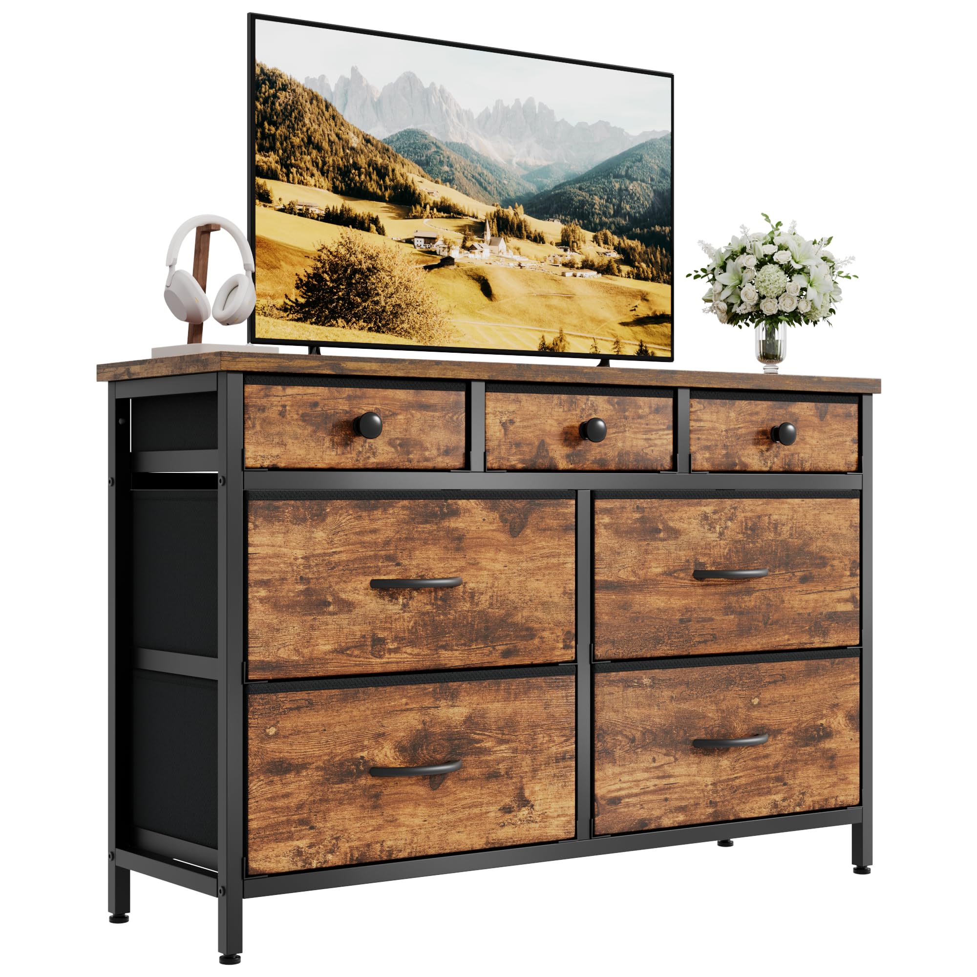 Feonase Chest of Drawers with 7 Drawers and Large Storage Space, Modern Fabric Chest of Drawers for Bedroom, Hallway and Living Room, 100 x 30 x 60 cm, Retro Colour