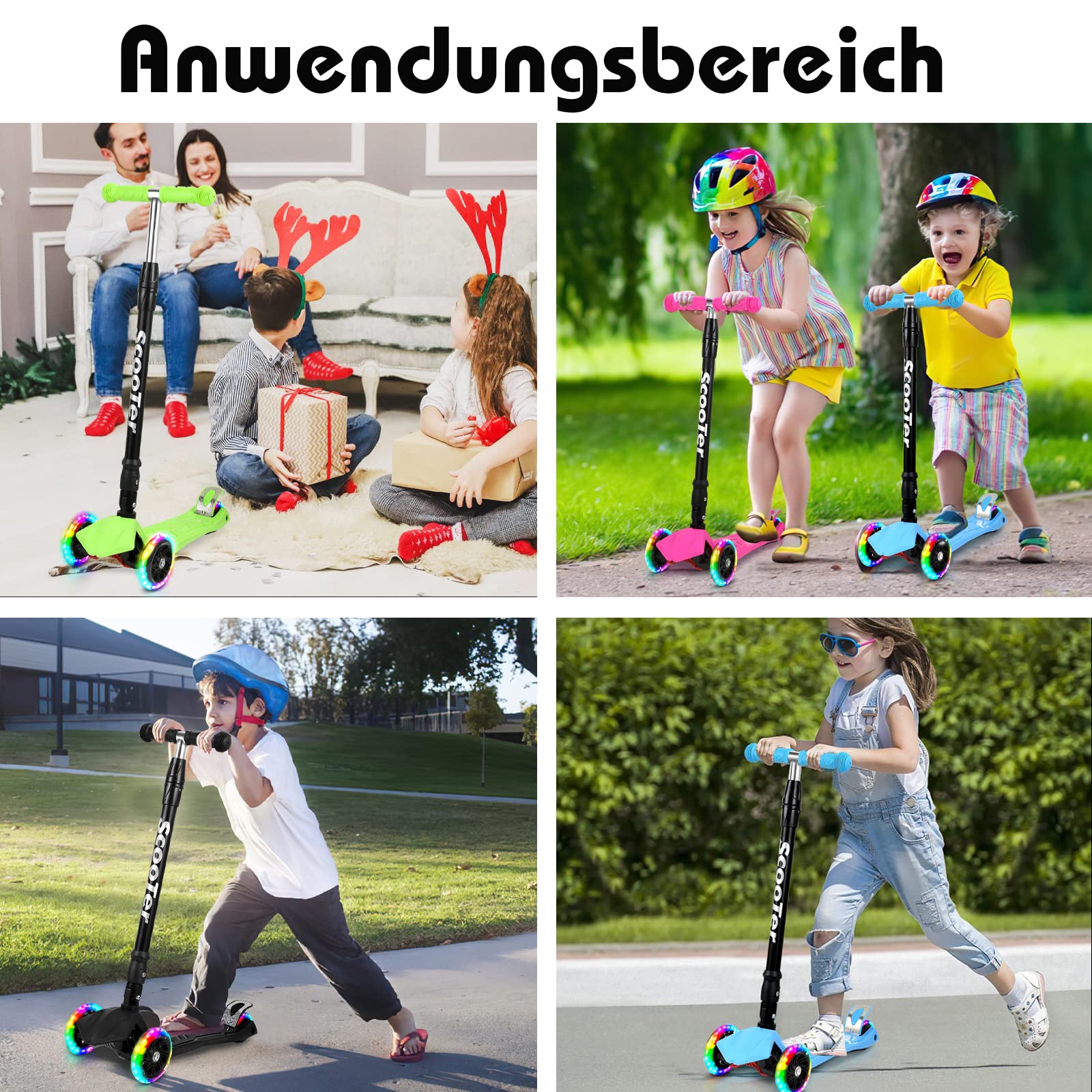 Fiqops Trottinette pour Enfants de 3 à 12 Ans, avec 4 hauteurs réglables, Roues Lumineuses LED, Pliable, Facile à diriger, Freins arrière, Trottinette de Ville pour Enfants