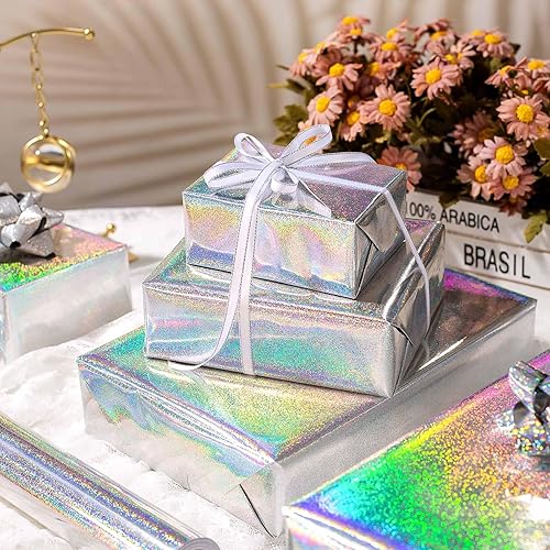 Miniatura 6 de Burymento Rollo de papel de regalo plateado, papel de regalo de punto holográfico metálico para cumpleaños, San Valentín, día de la madre,