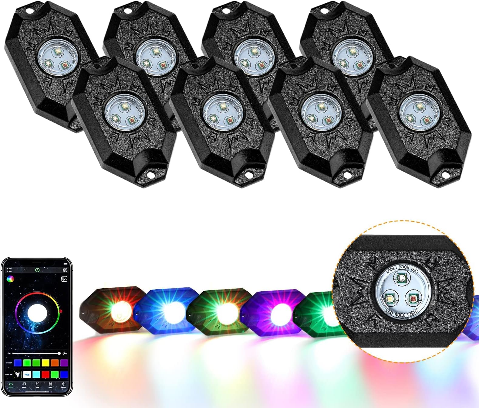 AuxbeamRock Lights RGB 8 Pods LED Rock Lights for Truck, Under Glow Light Kit for Car UTV Off Road SUV Boat, Bluetooth Wheel Well Lights Compatible with Rock Lights for ATV, Waterproof