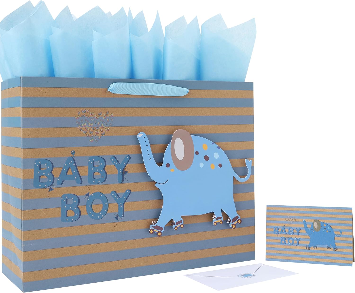 16.5'' Extra Large Baby Boy Kraft Gift Bag Set with Handles, Greeting Card, Blue Tissue Papers and Stickers for Boys Kids for Baby Shower, Kids Birthday Party, 1st Birthday parties, Newborn, New Moms or Parents, 3D elephant Design, 1 Pcs