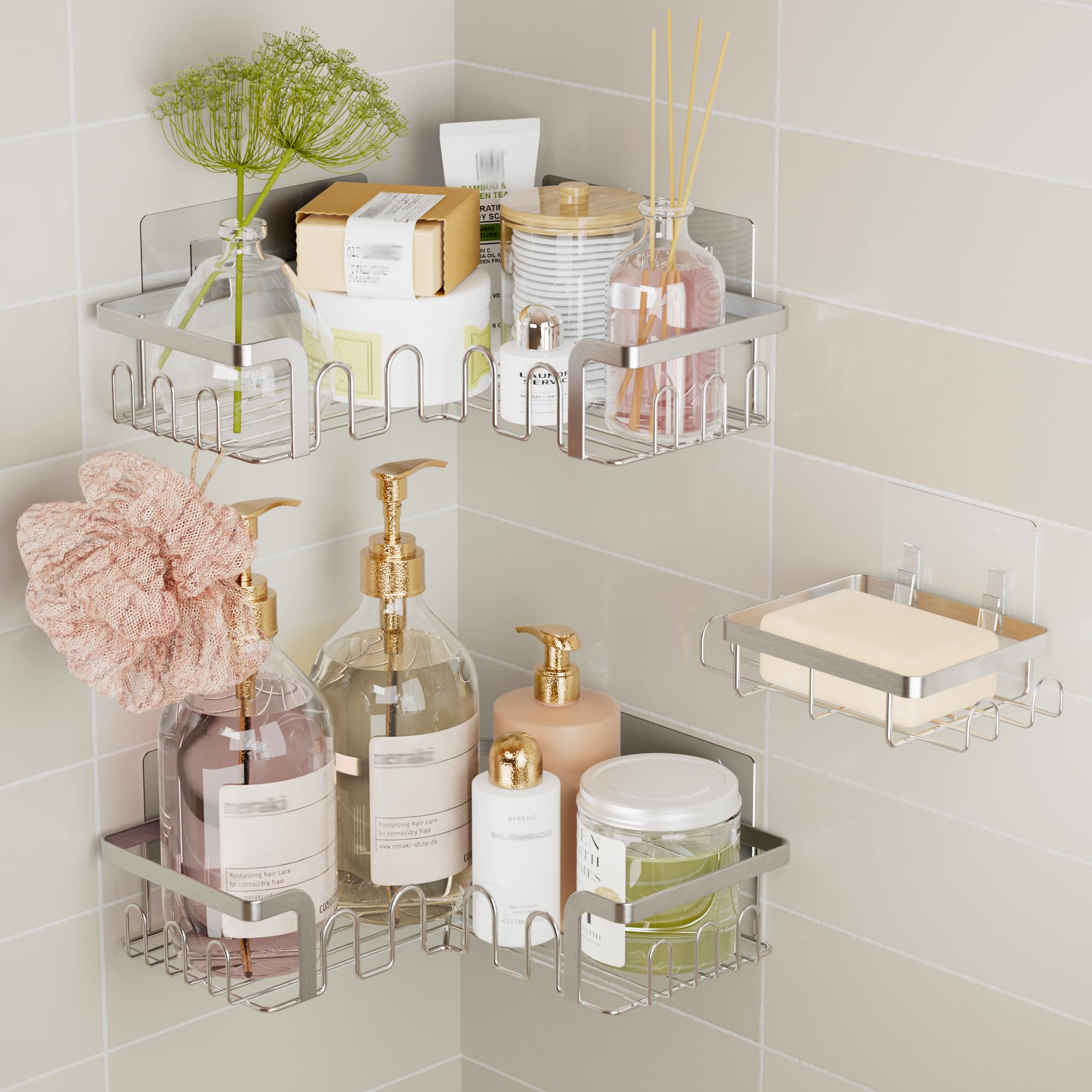 TIDIIABODE Corner Shower Caddy 3 Pack, Shower Shelf with Soap Holder & 24 Hooks, No Drill Shower Organiser