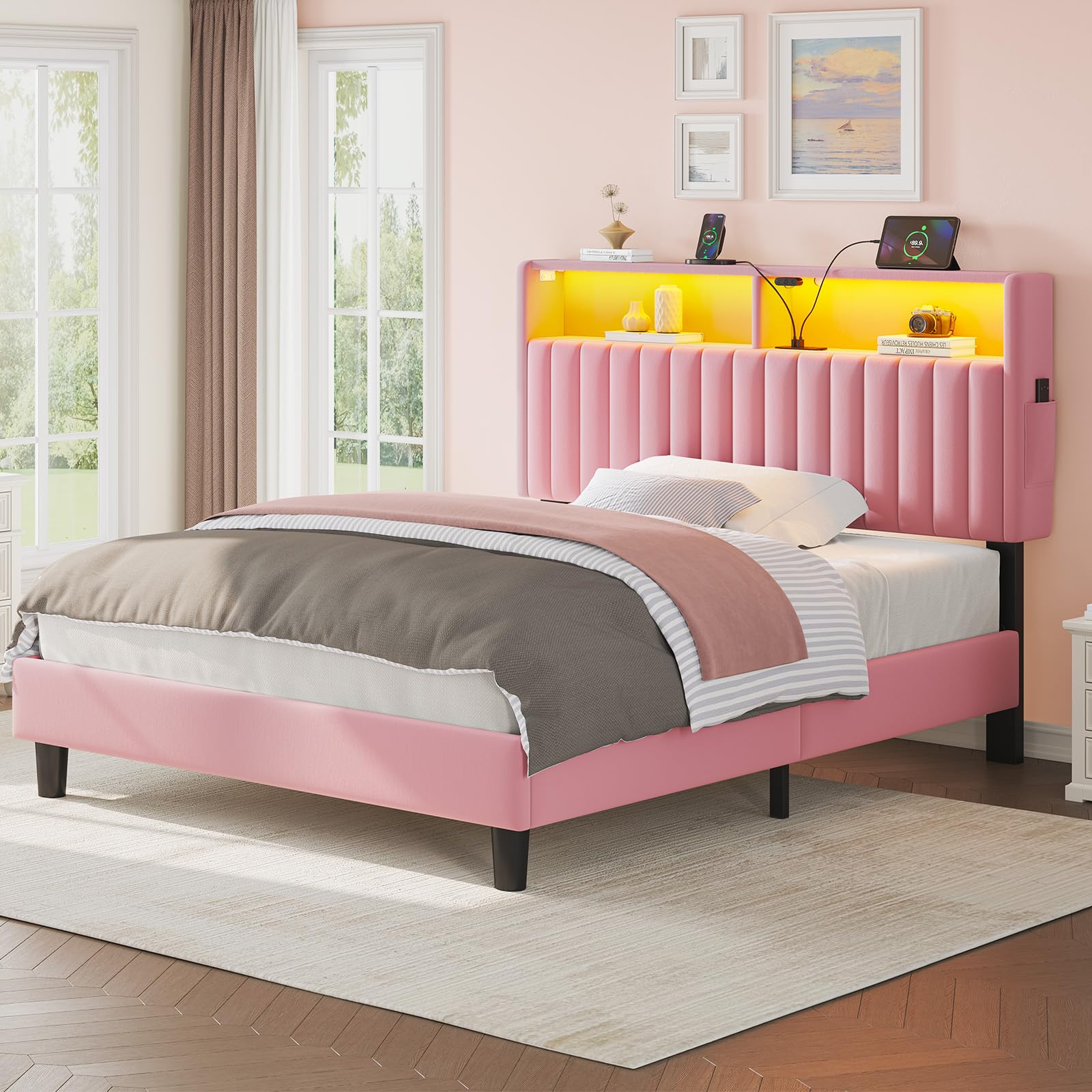 Seventable Twin Size Velvet Bed Frame with Charging Station, LED Bed with Upholstered Storage Headboard, Metal Platform with Under Bed Storage, No Box Spring Needed, Noise Free, Easy Assembly, Pink