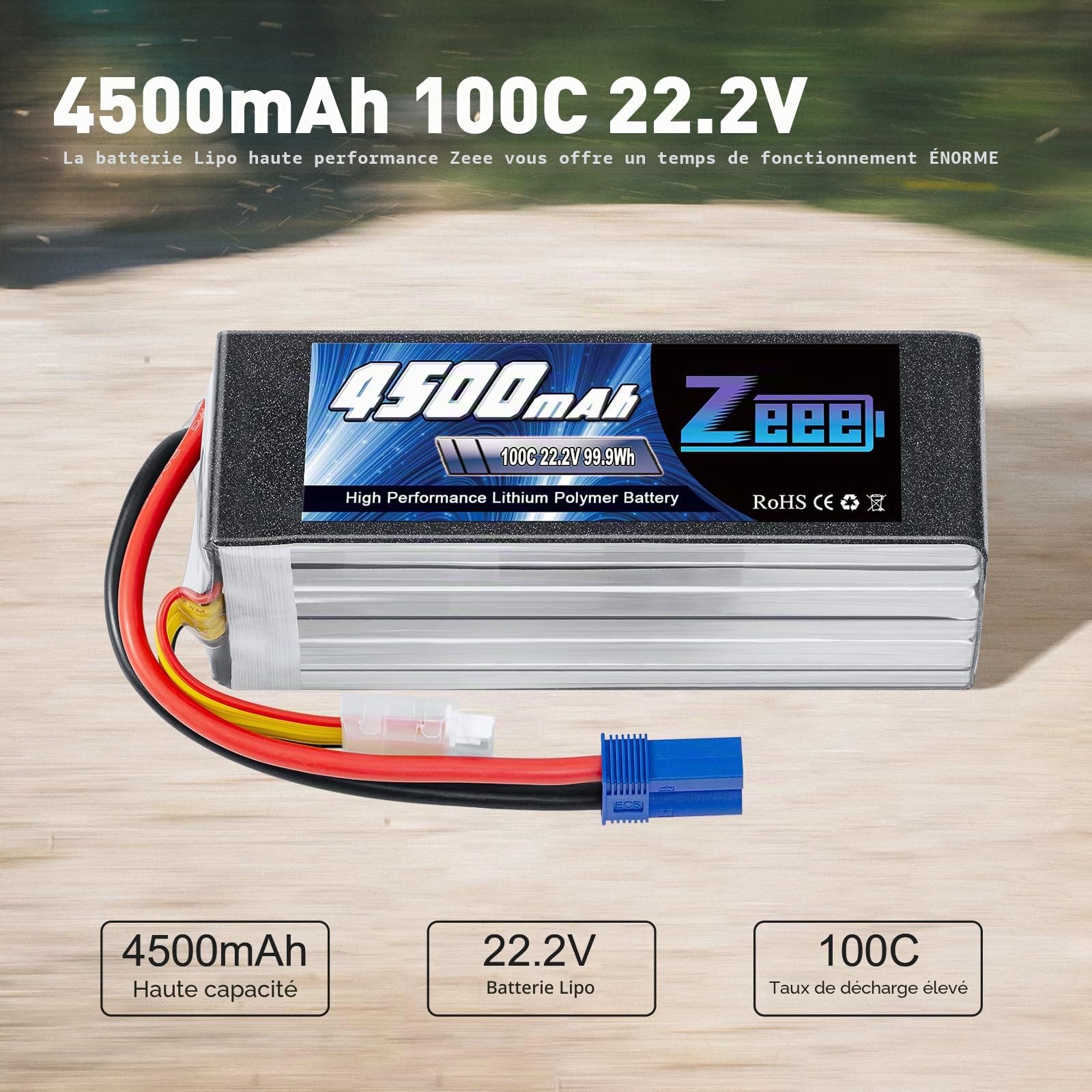 Zeee 6S Lipo Batterie 22,2V 100C 4500mAh RC Batterie avec Prise EC5 pour Avion RC hélicoptère RC Voiture Drohne Racing Hobby