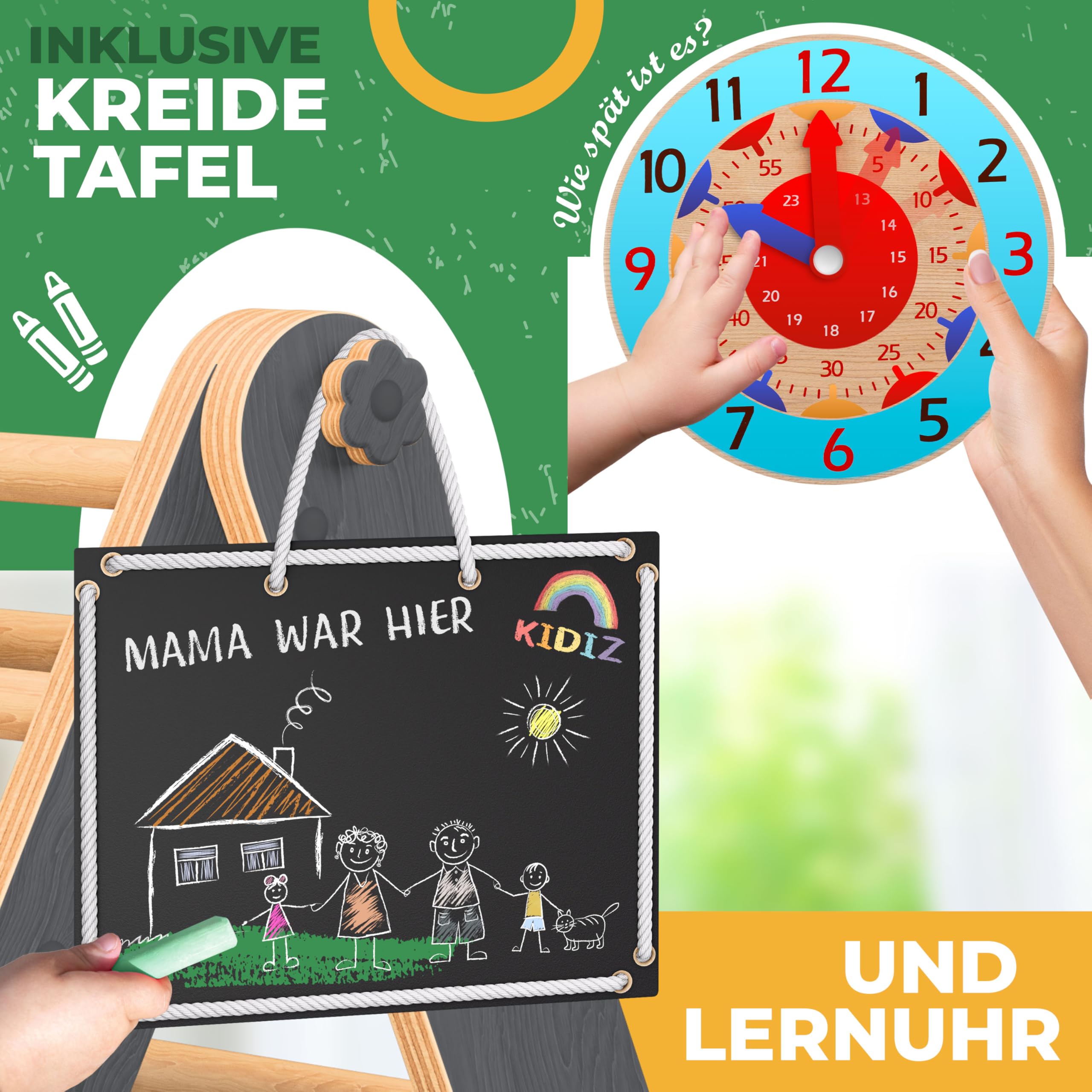 Kidiz® Klettergerüst Montessori 7in1 Spiel-Set mit Kletterbogen Rutsche Kletterdreieck aus Holz inklusive Kissen, Tafel & Lern-Uhr | Indoor Spielplatz für Kleinkinder ab 1 Jahr & Kinder bis 3 Jahre