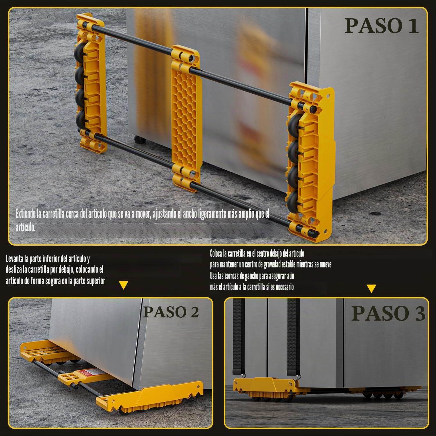 Carro de Transporte Ajustable Resistente – Se extiende hasta 91 cm, soporta 907 kg – para electrodomésticos, Muebles y Materiales de construcción, con Correas elásticas, Apto para Varias Superficies