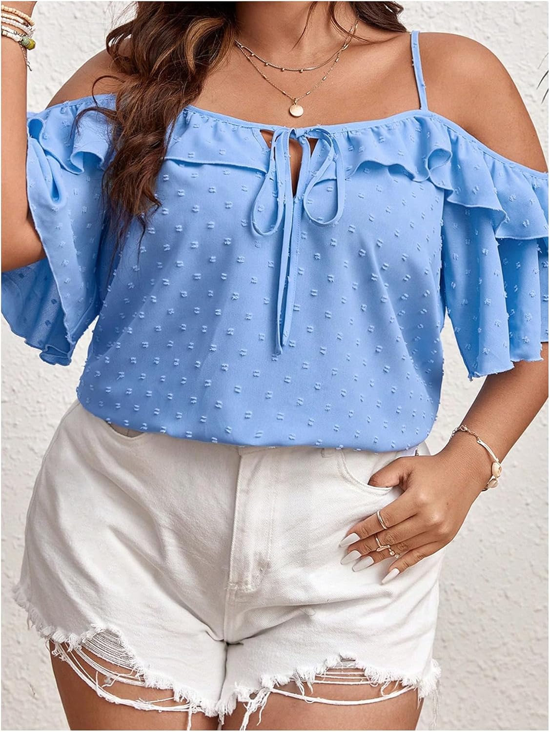 SOLY HUX Women's Plus Size Cold Shoulder Blouse Ruffle Trim Tie Front Shirts Casual Swiss Dots Tops - Image 3