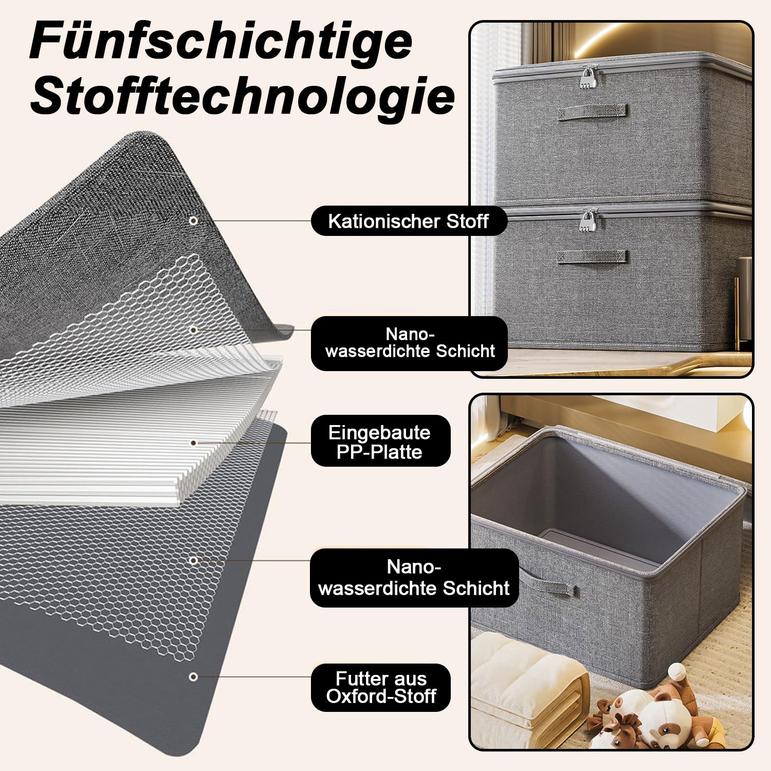 Opvouwbare opbergdoos met deksel, opvouwbare opbergdoos met cijferslot, opbergmand voor kast of onder het bed, grijs, 40 x 30 x 21 cm