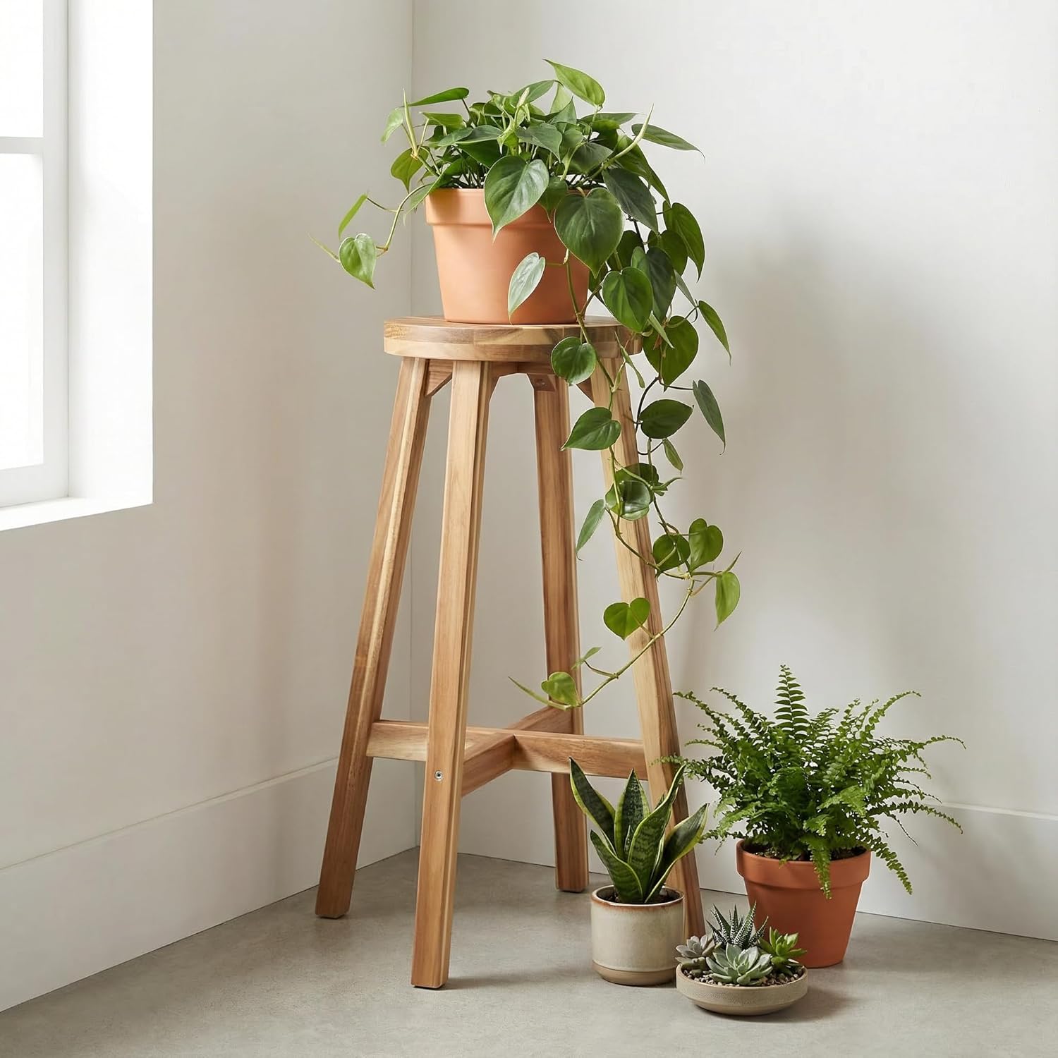 ARROWSTONE Round Stool Acacia Wood, 28" Height, 11" Round Top, Backless, Easy Assembly, Natural Wax Finish, Wooden Stool for Plant, Dining Room, Living Room, Garden, Makeup 28" (Standard)