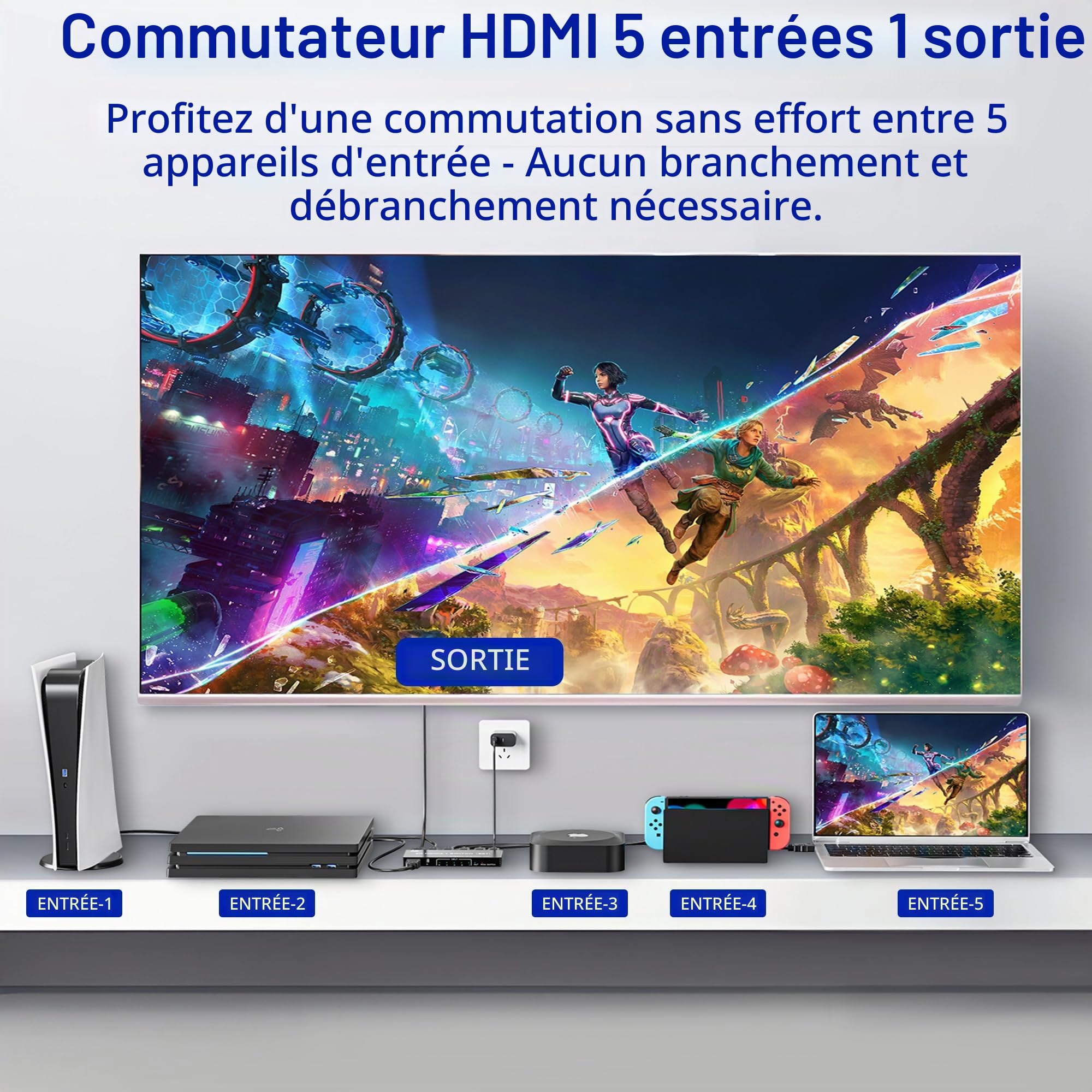 Commutateur HDMI 2.1 Switch 5 Entrées 1 Sortie, 8K 60Hz 4K 120Hz 48Gbps HDMI Switch UHD HDR 3D Compatible avec PS5/Switch/Xbox/Steam Deck/PC/HDTV/Moniteur/Projecteur