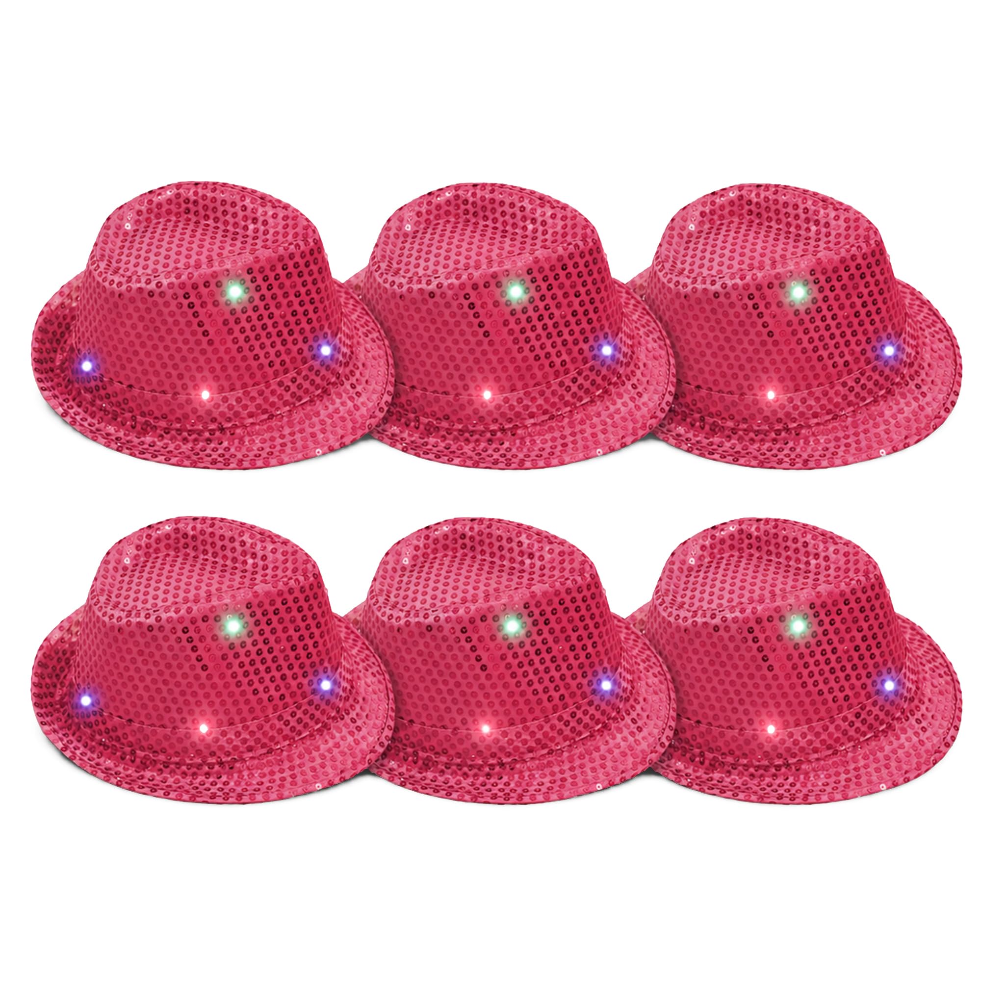 The Fancy Dress® Adult LED Light Up Sequin Trilby Hat, Women Men Multi-Function Fedora Flashing Jazz Hat Cowboy Hat Performance Props Party & Carnival Fancy Dress Up Hats Unisex, 6 Pack Pink