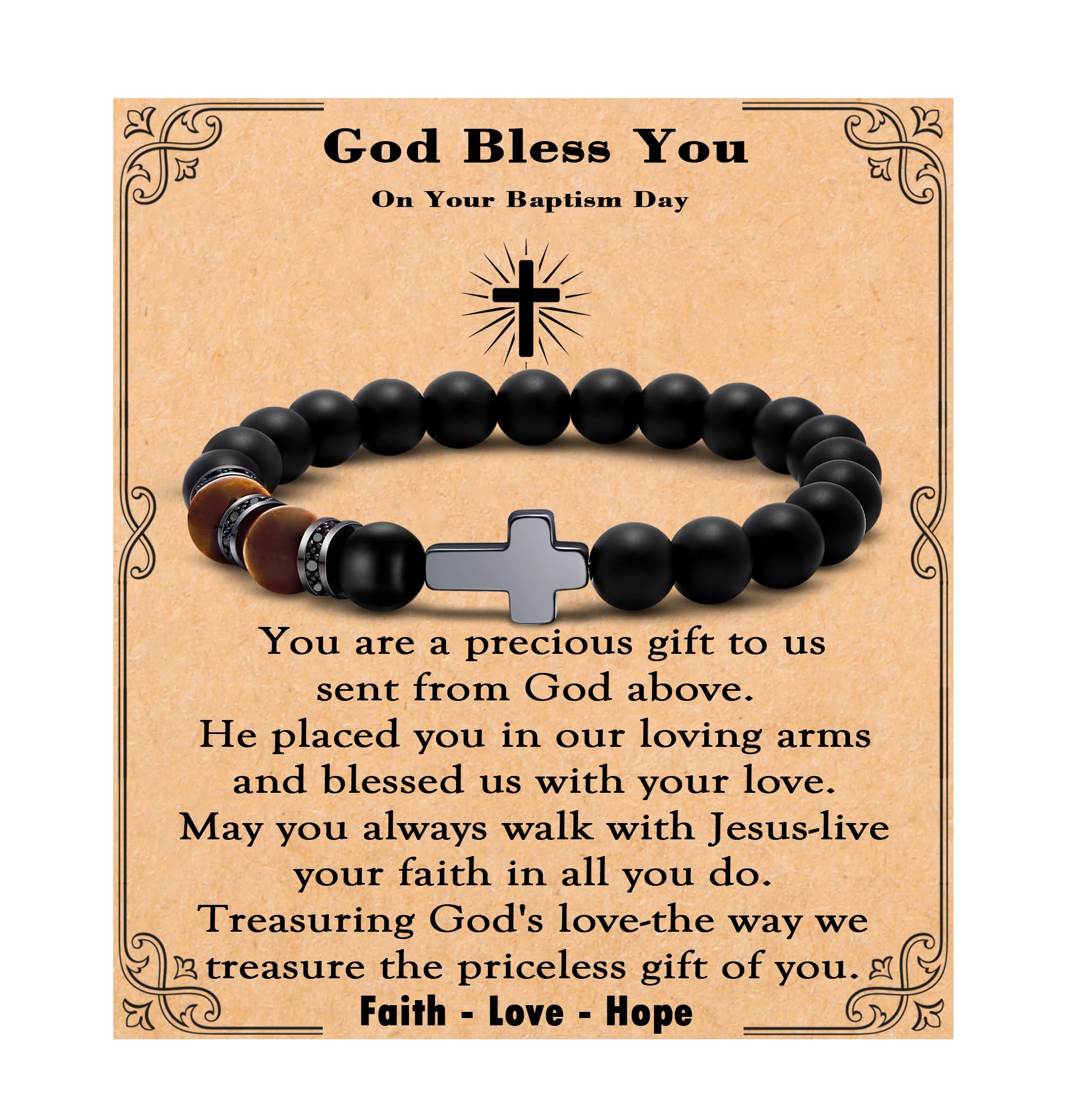 MFTRADING Cross Bracelet for Men Christian Gifts for Son Grandson Brother Husband Dad Man Godfather Religious Baptism Jewelry Birthday Retirement Gifts Beaded Bracelet