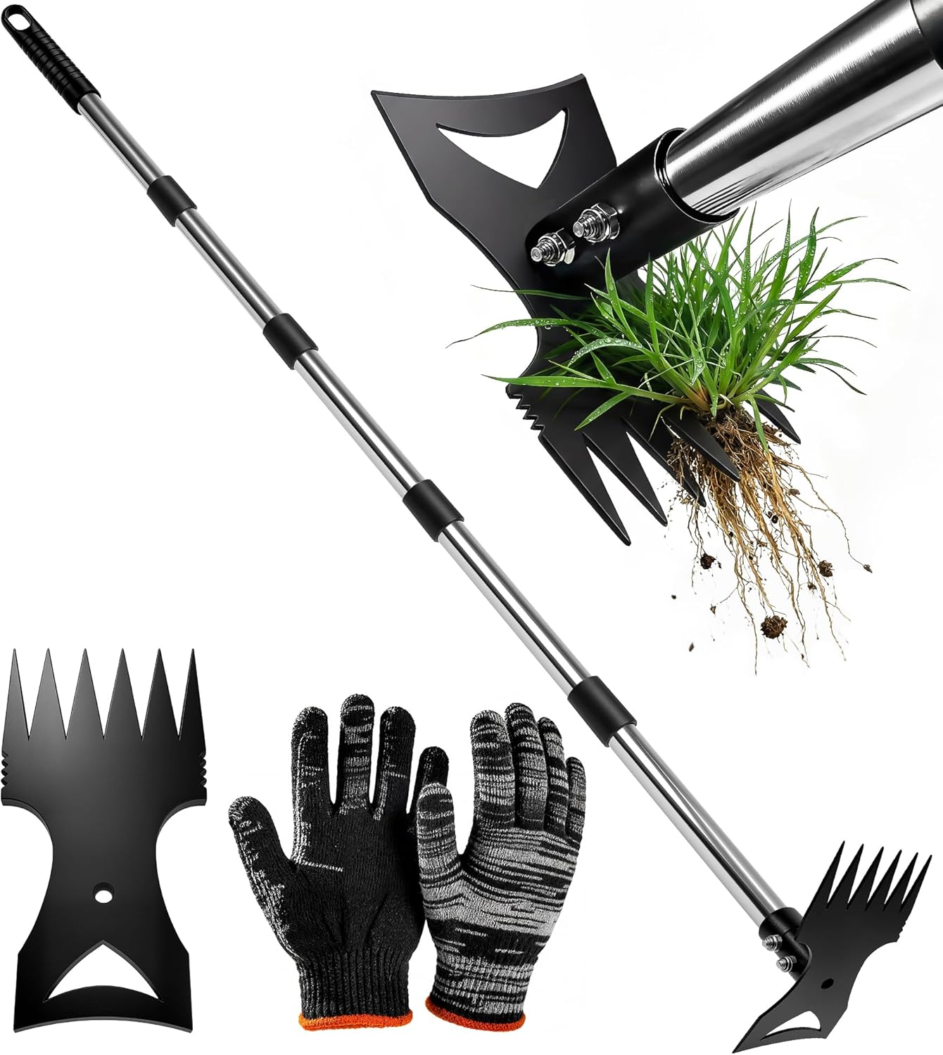 71in Weed Puller Tool with Long Handle, 2 in 1 Heavy Duty Garden Hoe and Hand Weed Rake, Adjustable Manual Weeders for Uprooting with Gloves for Gardens, Lawns, Yards
