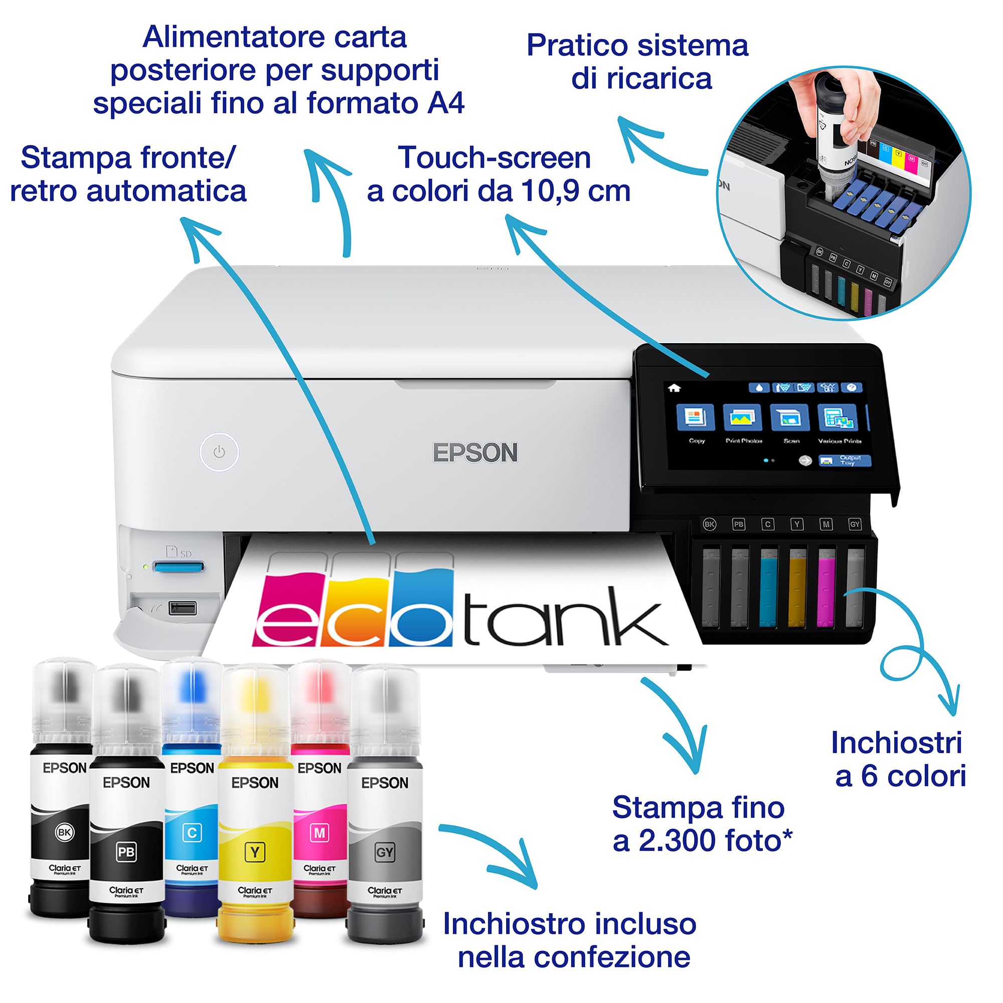 Epson EcoTank ET-8500 - Stampante per serbatoi d'inchiostro, stampa fotografica, inchiostri a 6 colori, wireless, A4, stampa, copia, scansione, touchscreen da 10,9 cm, stampa fronte/retro