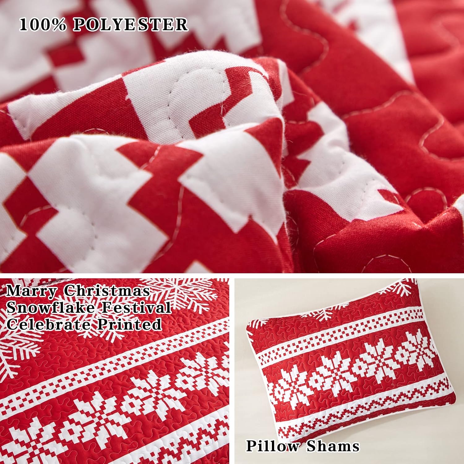 FlySheep Christmas Quilt Set King, Soft Microfiber Holiday Lightweight Bedspread Coverlet Bedding Set -Red & White Snowflake Printed