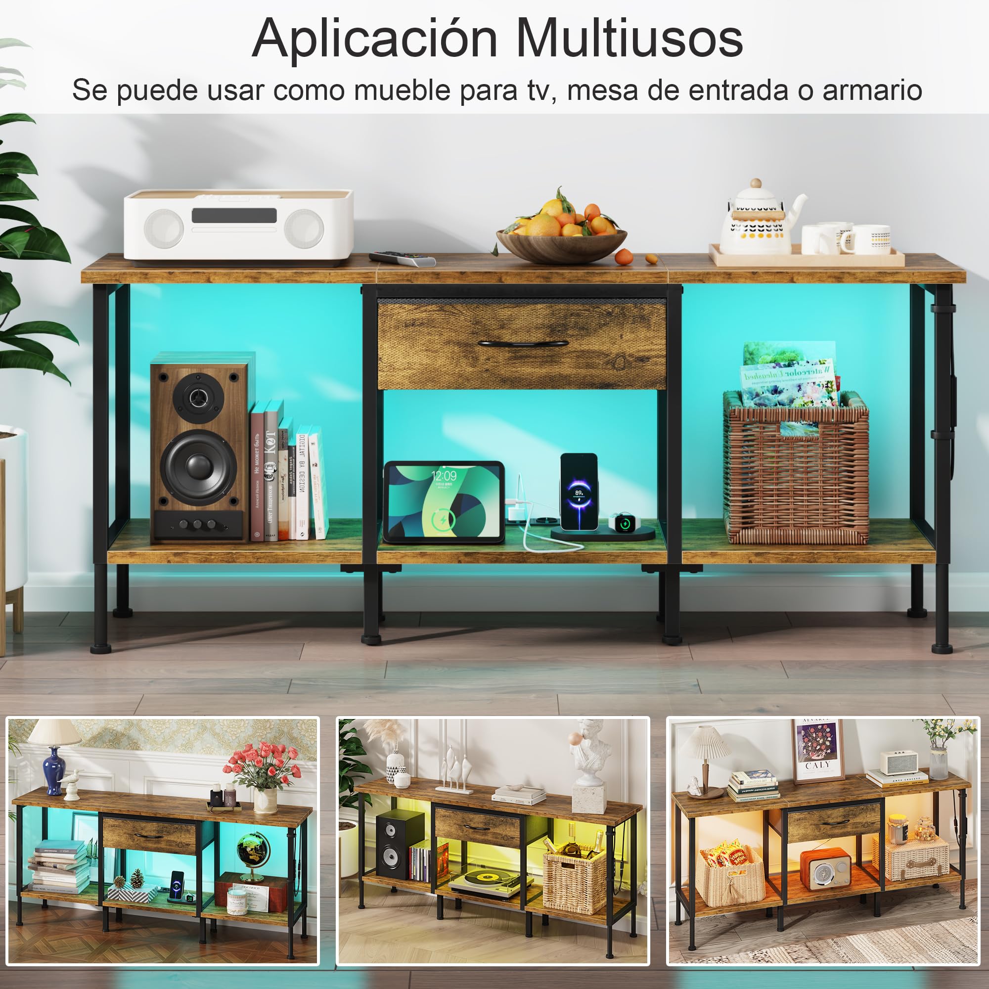 Mueble de TV con Enchufe, Mesa Television con Iluminación LED, Cajón de Tela y Estantes, Mueble Bajo Salon de 140 cm para TV de hasta 65″, para Sala de Estar y Dormitorio, Marrón Rústico