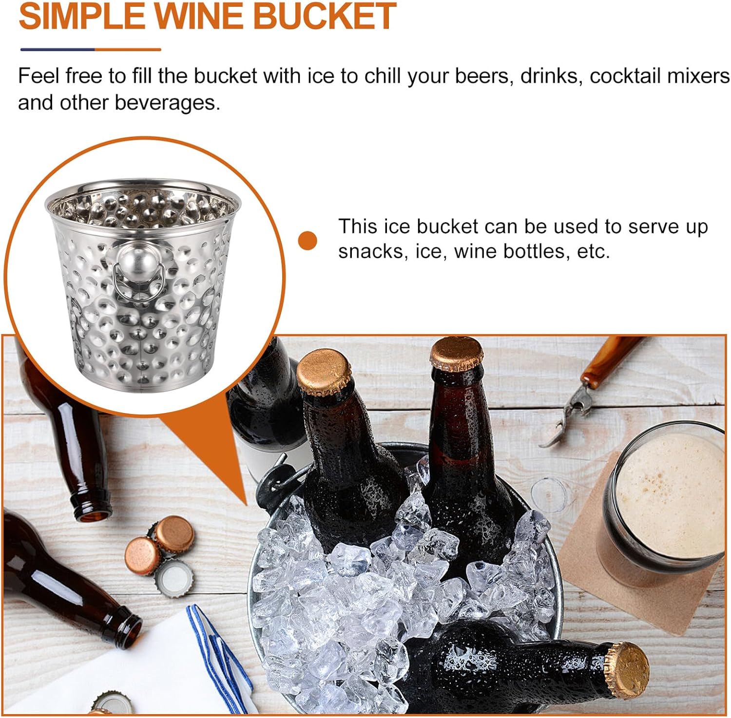Uonlytech Bar Ice Bucket and Ice Cube Bucket 11l Stainless Steel Thickened Hammered Finish for Home Bar and Party Chilling