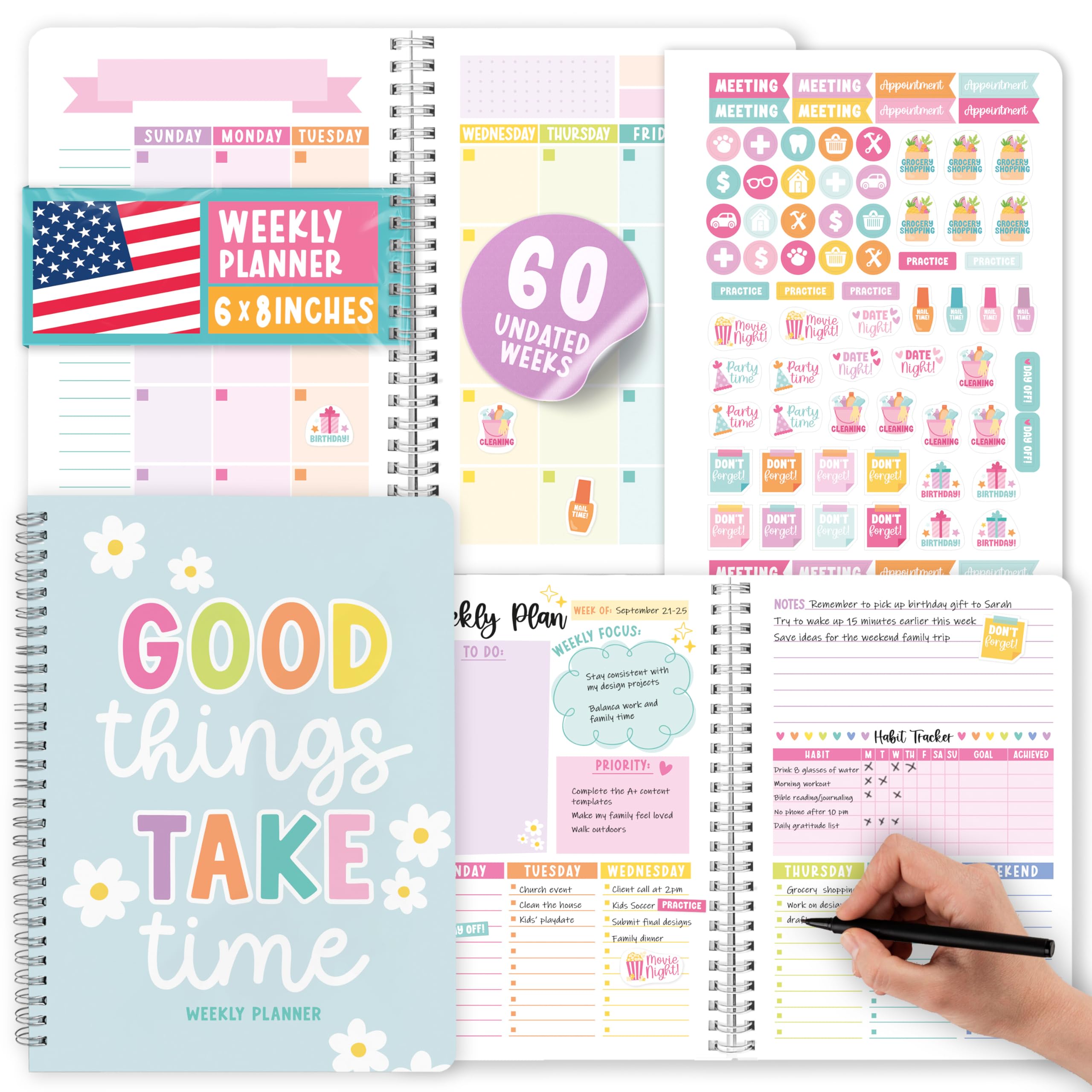 Spiral Weekly Planner Undated - Undated Weekly Planner Habit Tracker, Habit Tracker Notebook, Monthly Goal Planners, Agenda Notebook For Work, Teal To Do List Notebooks