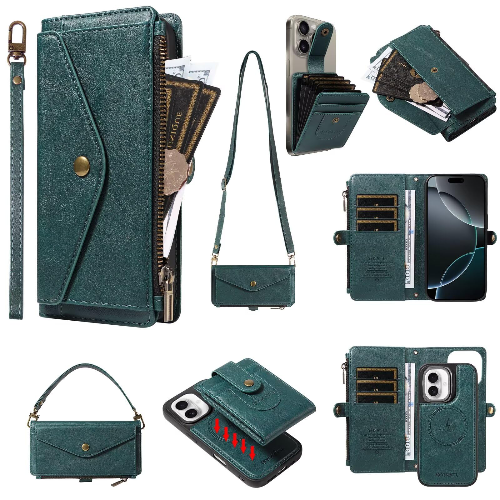 Magnetyczny odpinany portfel etui na zamek błyskawiczny do iPhone | Kompatybilny z Magsafe 3 w 1 pasek na nadgarstek crossbody, wielofunkcyjny uchwyt na 11 kart, kieszeń na zamek błyskawiczny