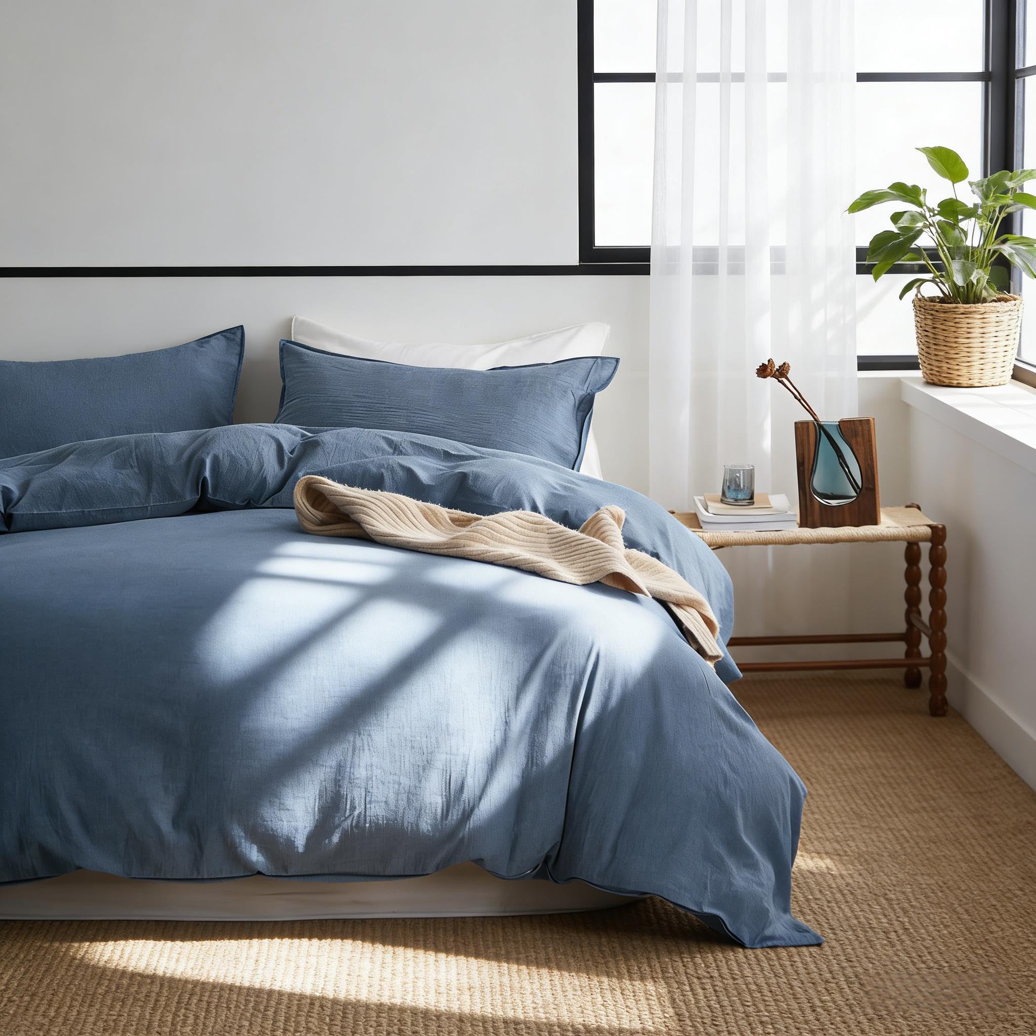 – Simple&Opulence Duvet Cover Set 100% Washed Cotton Comfy Soft Breathable Cozy Textured Solid Color Comforter Cover for All Seasons Bedding Sets, Blue Double 200x200cm