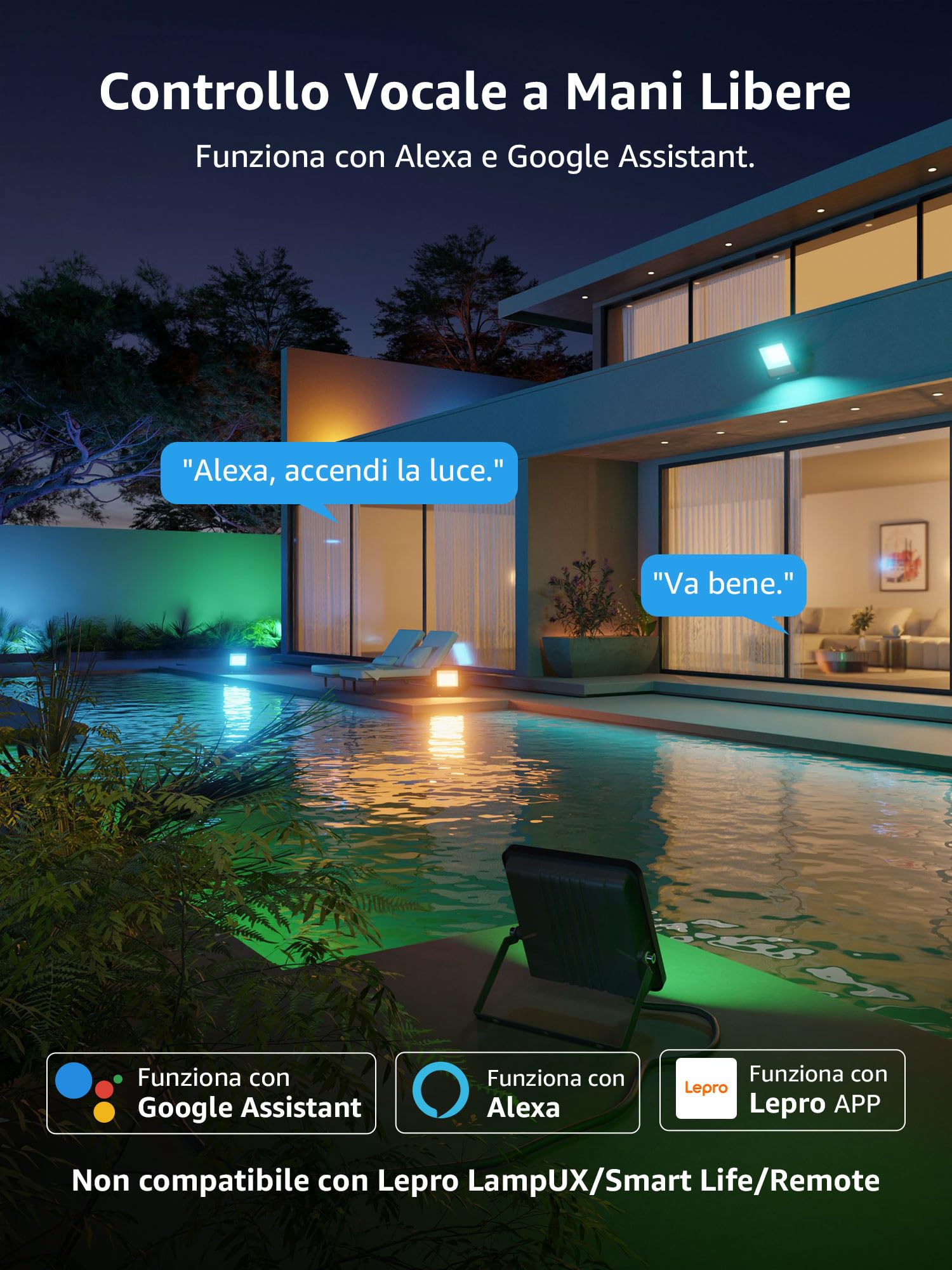 Lepro F1 AI Faretto LED da Esterno 50W, Faretto da Giardino RGB Dimmerabile