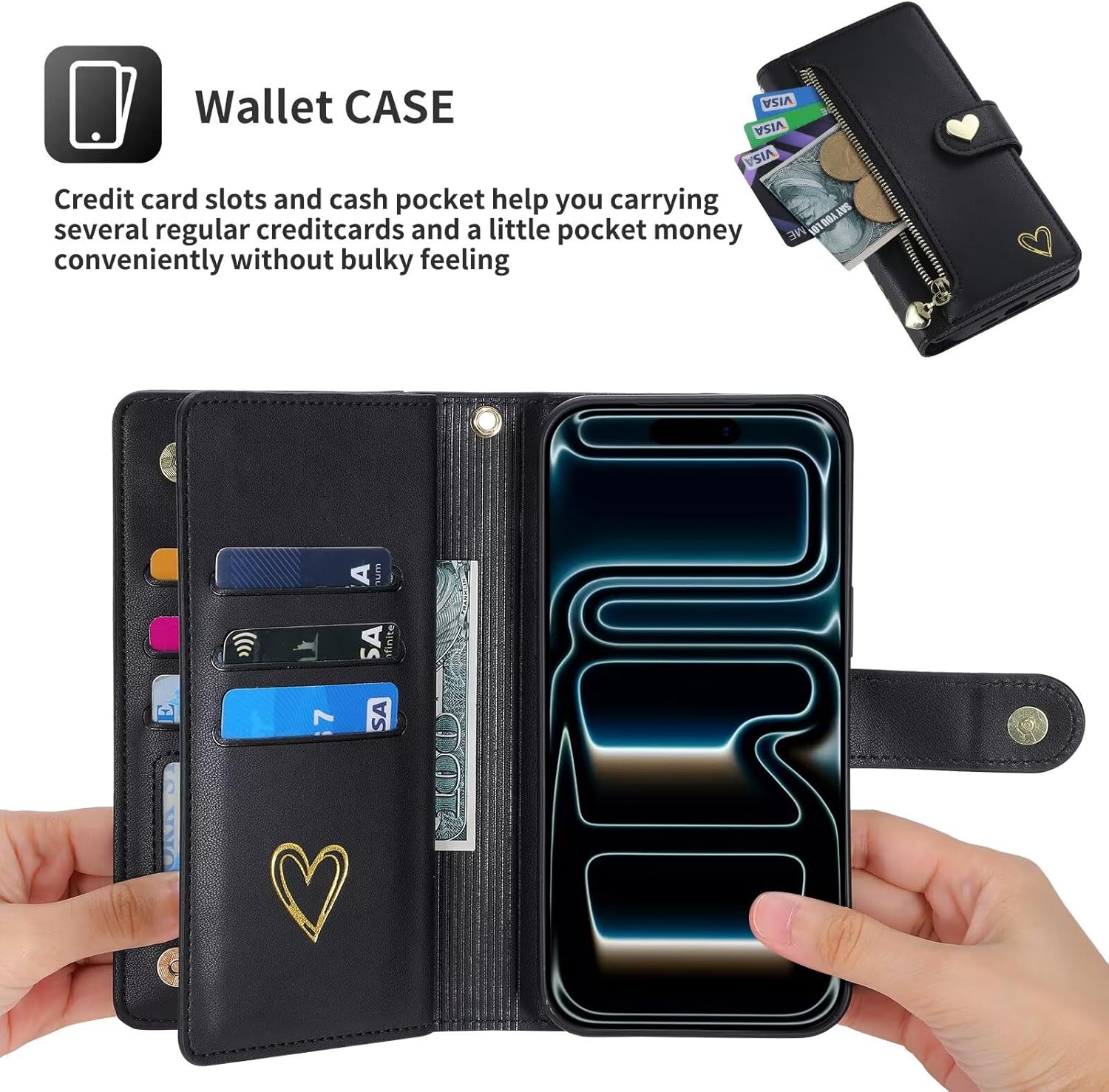 Wallet Case for iPhone 17 Pro Max, Fashion PU Leather Heart Cover for Women Girls, Handbag Zipper Pocket Magnetic Shockproof Flip Phone Case with Wrist Strap Card Slot Kickstand Black