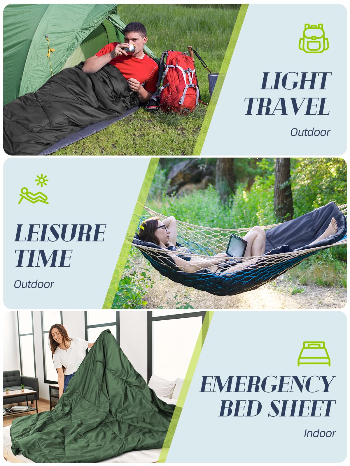 Bessport Saco de Dormir,15℃~25℃ Puede ser 2 en 1 Camping Saco de Dormir para Adultos o niños Un cómodo y Compacto Saco de Dormir Impermeable para Tres Estaciones para Acampar