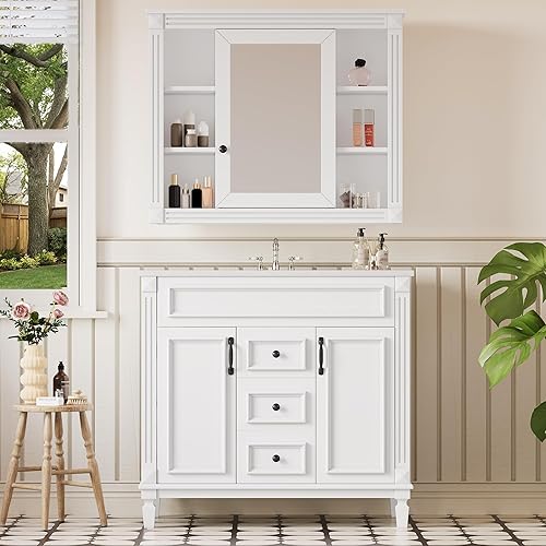 Miniatura 37 de Merax Tocador de baño de 36 pulgadas con fregadero, armario de almacenamiento de tocador de baño de 36 pulgadas con espejo a juego, parte superior