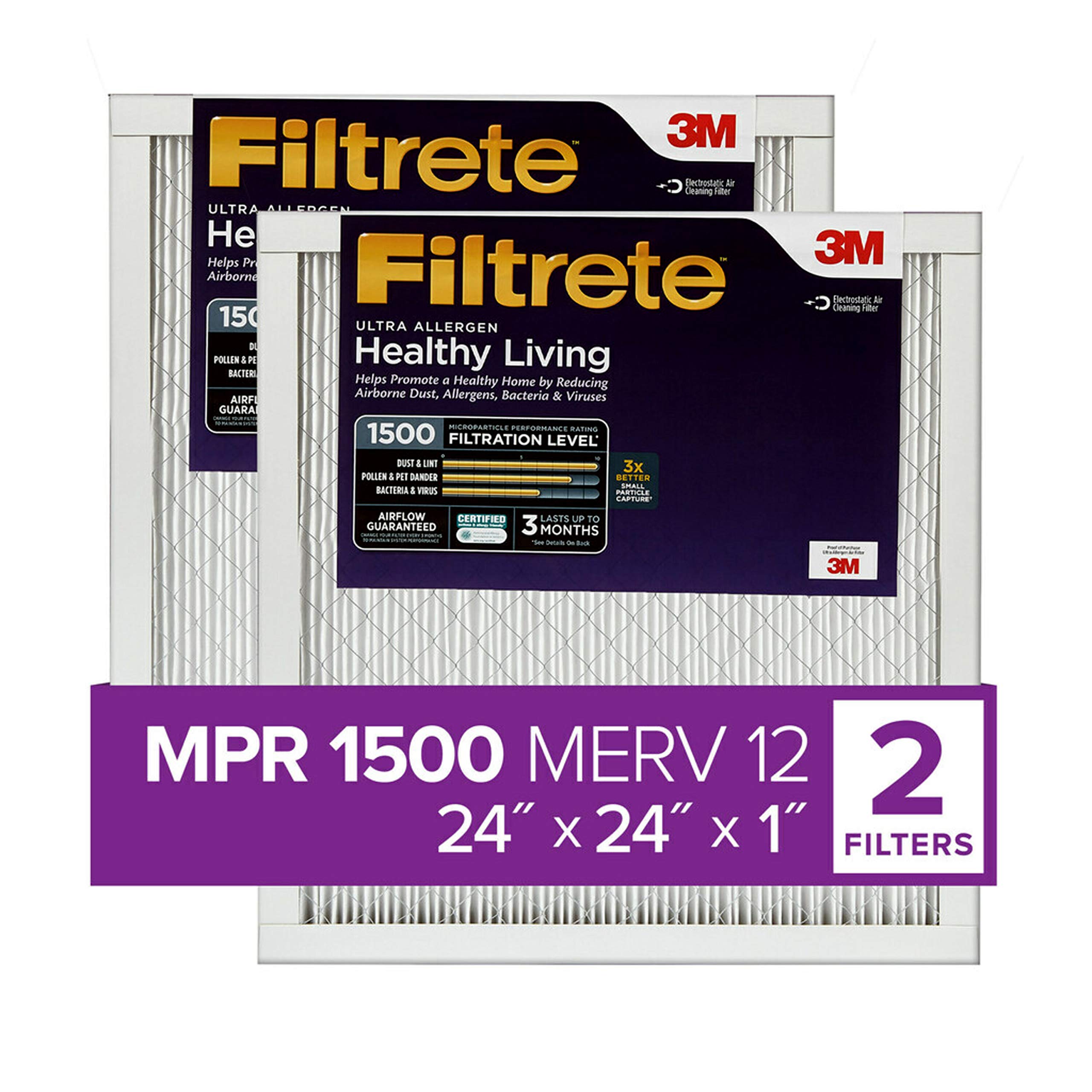 Filtrete 24x24x1 Furnace Air Filter MPR 1500 MERV 12, Healthy Living Ultra Allergen, 2-Pack (exact dimensions 23.81 x 23.81 x 0.78)