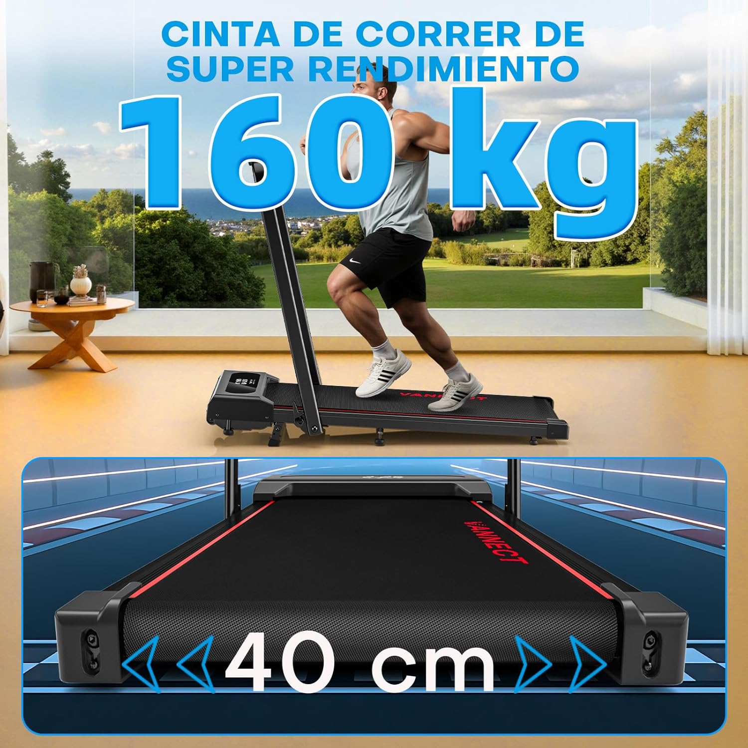 Image highlighting the treadmill's super performance with a 160 kg weight capacity and 40 cm wide running belt.