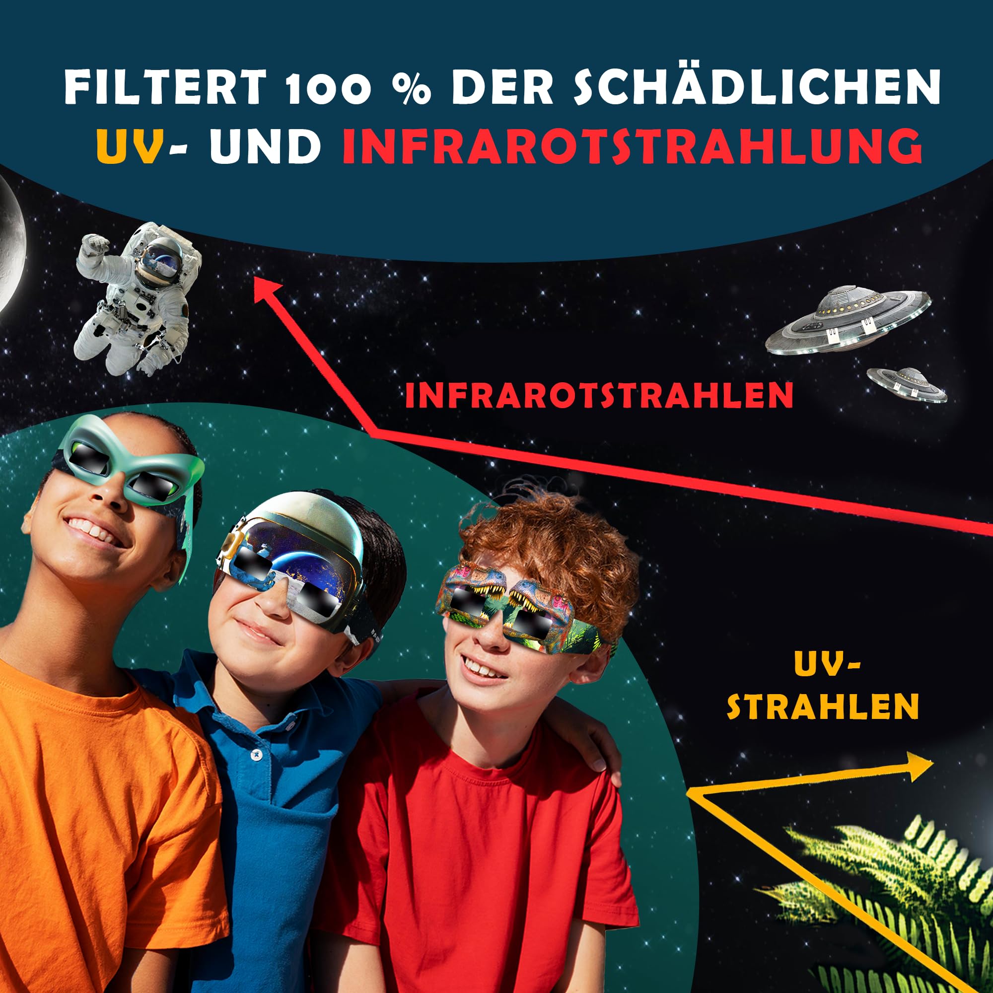 Galaxium Solar Eclipse Glasses Kids 2026 - [12 Pack] Mix Alien & Astronaut & Dinosaur Design - AAS Approved - ISO 12312-2 & CE Certfied - Boys Solar Eclipse Viewing Glasses