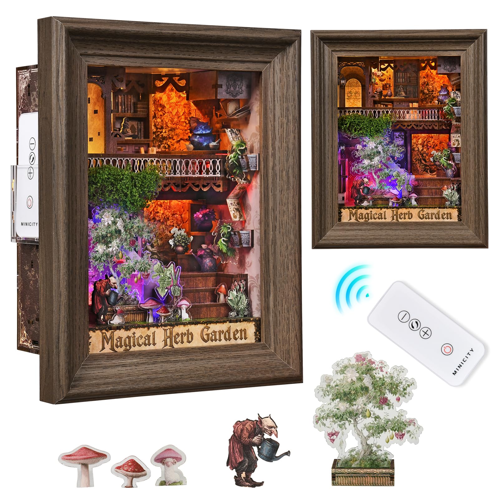 MiniCity Frame Type Wall Art for Living Room, Booknook Framed with LED Switch Control & 6 Lighting Modes for Tabletop/Wall Decor (Magical Herb Garden) - 20×25 cm