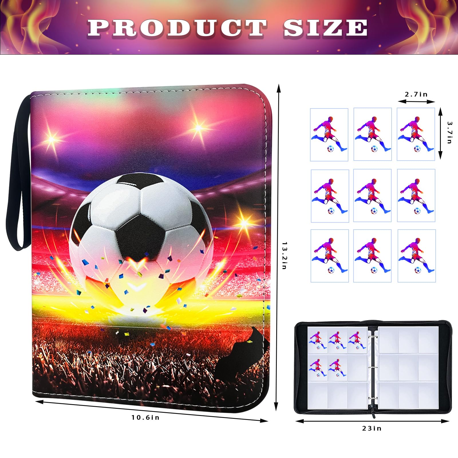Yisheme 900 Cards Soccer Card Binder, 9-Pocket Card Collections Trading Card Binder 50 Pages Double-Sided Cards Holder with Zipper 3-Ring Card Album for Sports Soccer Card Sleeves Protectors