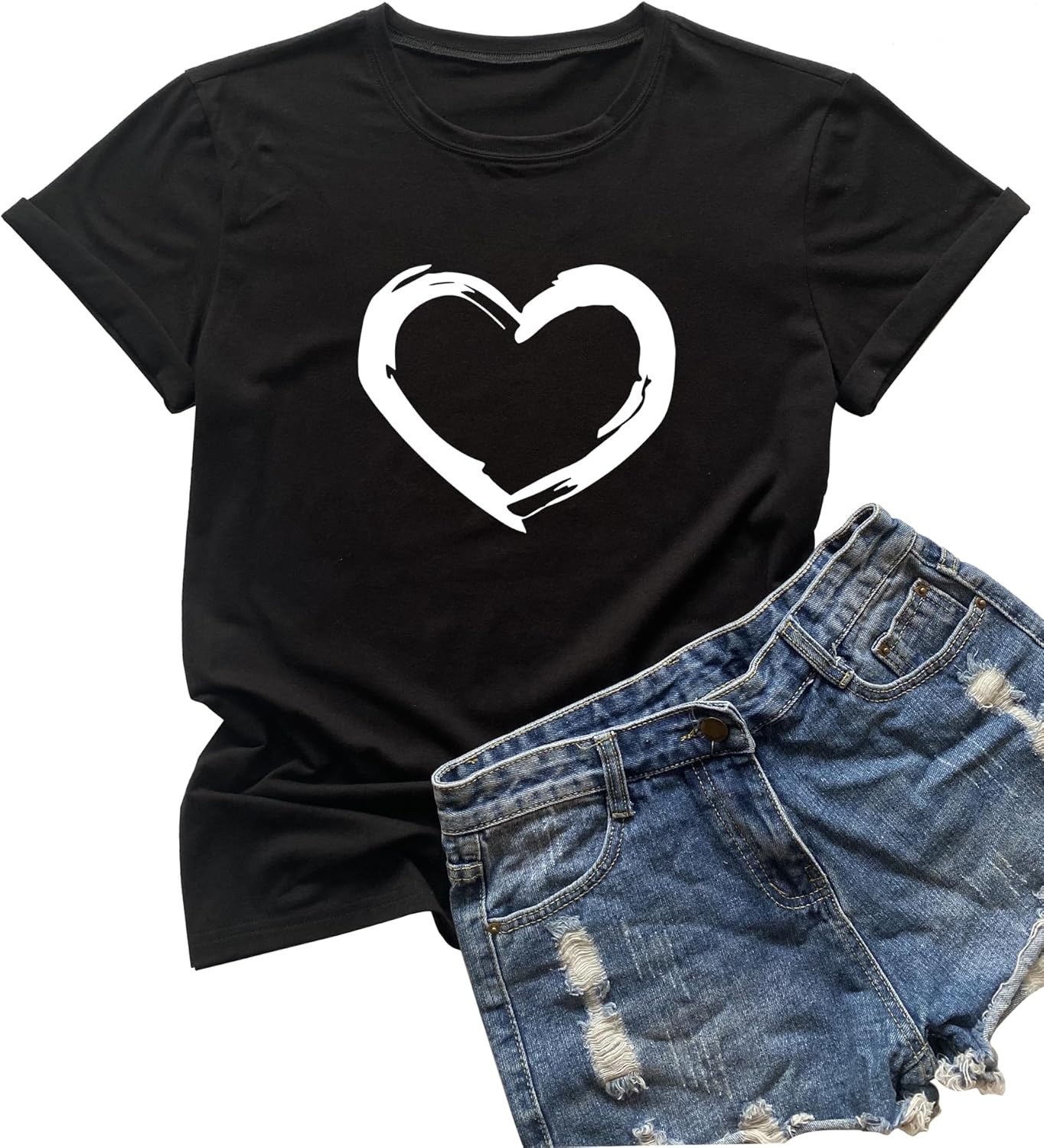 Women Cute Heart Graphic Crewneck T-Shirt Funny Short Sleeve Casual Tee Tops