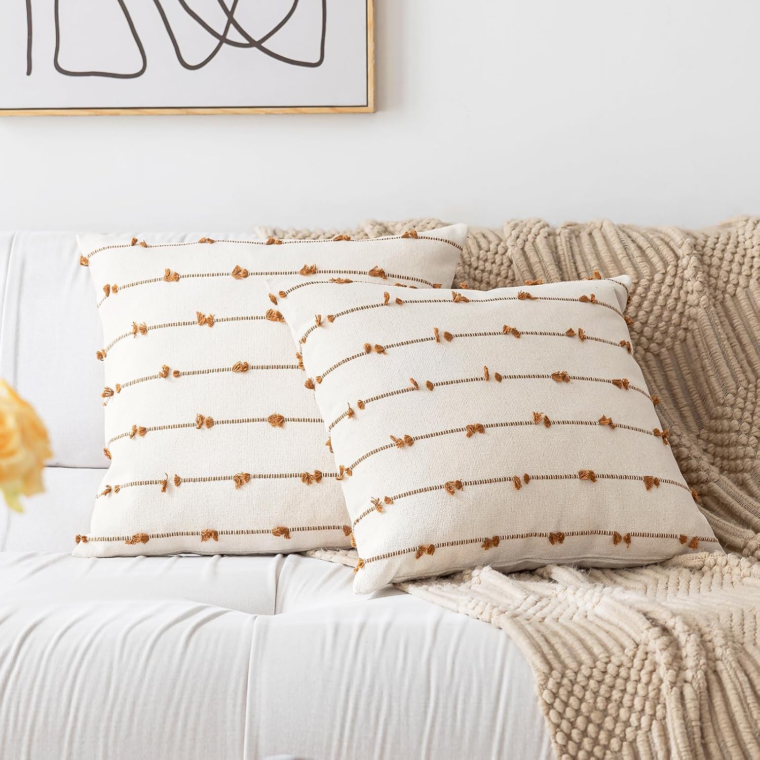 Boho Throw Pillow Covers 18x18 Set of 2 Modern Farmhouse Decorative Cushion Case Tufted Square Pillows Cover Neutral Pillow Cases Accent Pillowcase for Sofa,Couch,Bed,Beige and Brown - Image 6