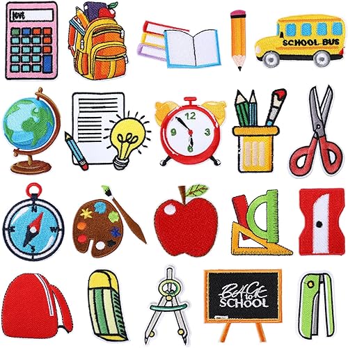 Retrowavy 20 parches para planchar para el regreso a clases, autobús, Apple School DIY bordado apliques coloridos surtidos reparación coser apliques