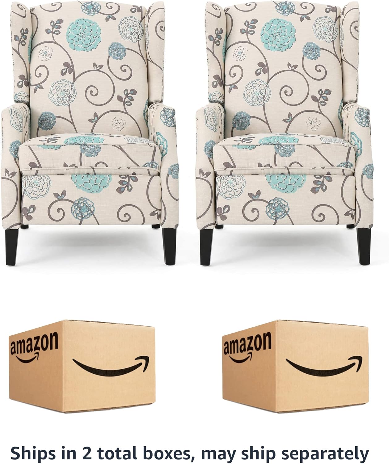 Christopher Knight Home Ellyn Fabric Recliner (Set of 2), Light Beige with Blue Floral, Dark Brown