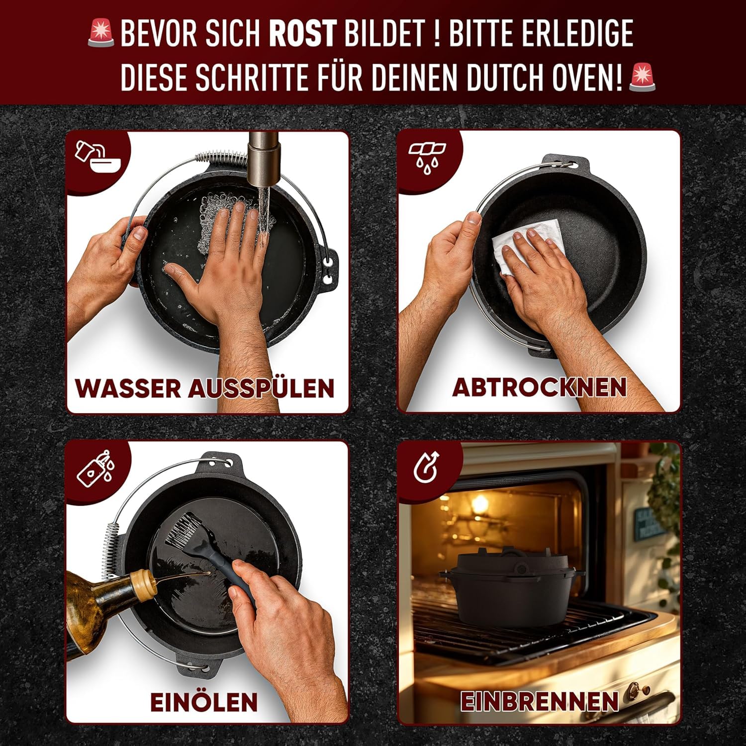 GUSSKÖNIG Essential Line Dutch Oven Set [für 3–6 Personen] – 5,5L Topf & 1,5L Deckel, eingebrannter Feuertopf mit Füßen, inkl. Deckelheber, Ringreiniger, Pflegepaste & Rezeptbuch – 30 Jahre Garantie